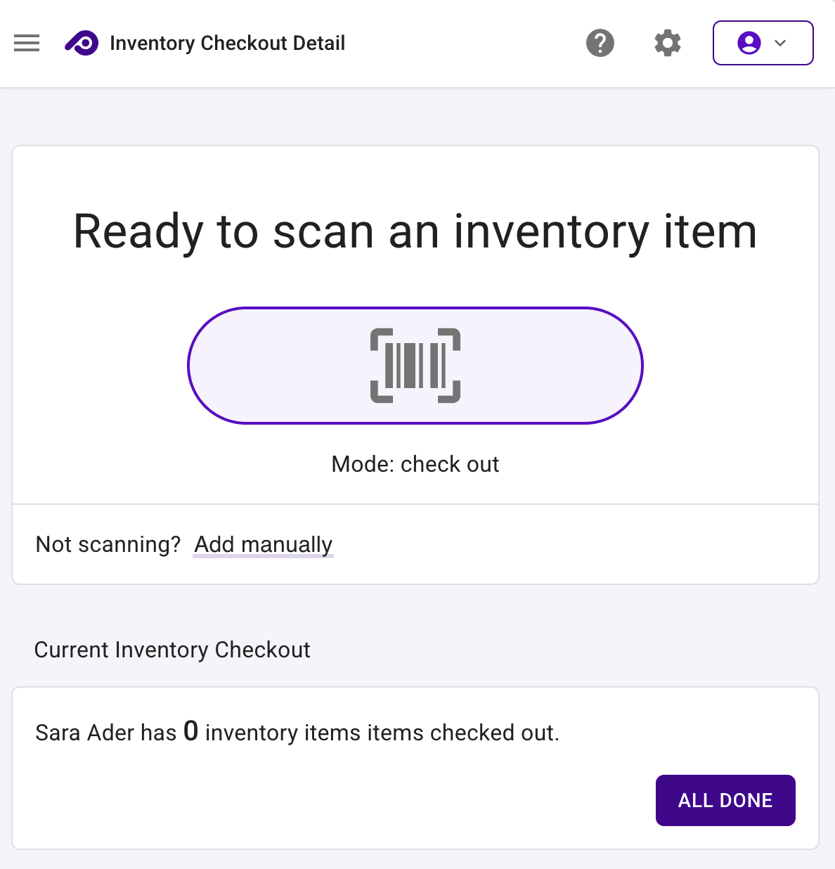 Barcode checkout scanning page with a large barcode icon.