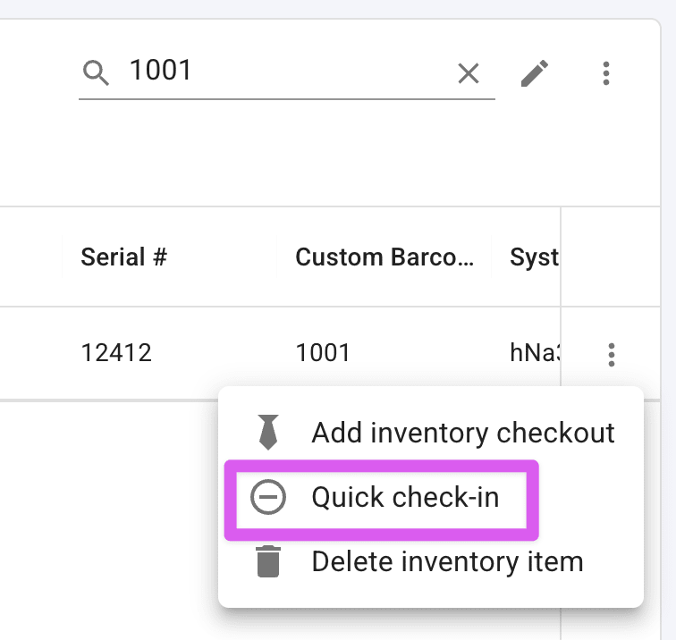 Row actions menu with the Check In option highlighted.