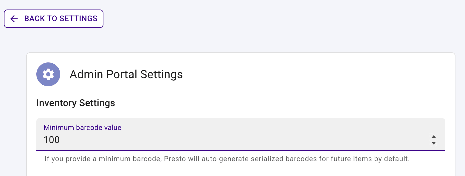 Inventory settings section with the Minimum barcode value field.