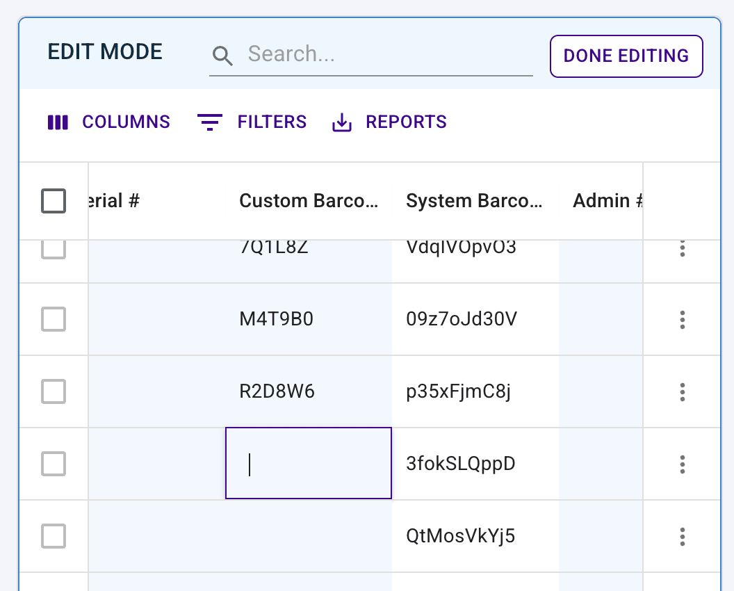 Item table in edit mode with the Custom Barcode field highlighted.