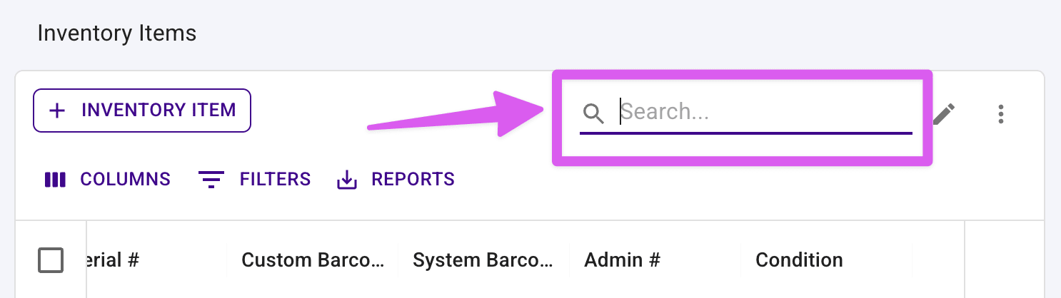 Item table with the search bar highlighted.