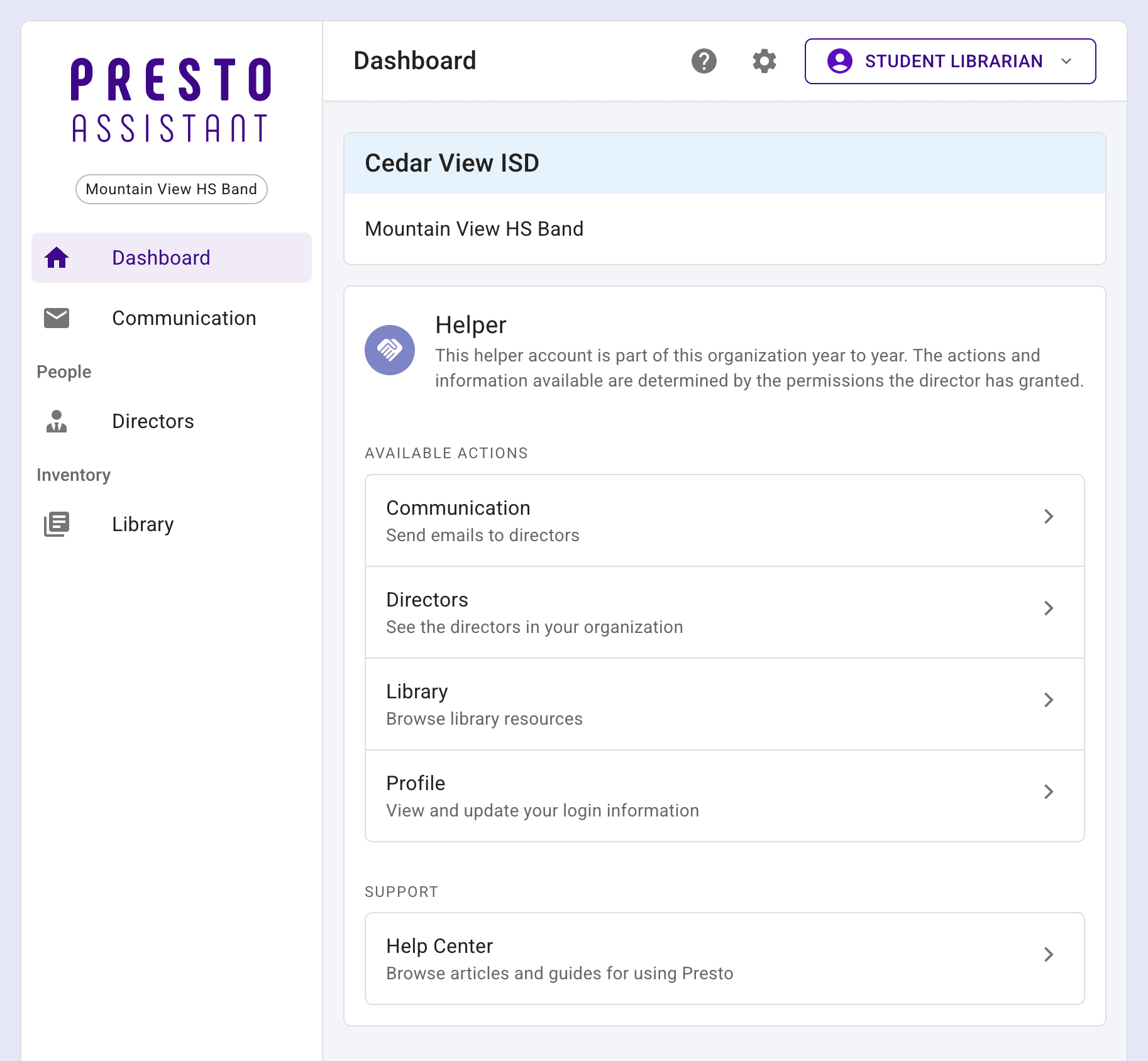 View of the helper dashboard.