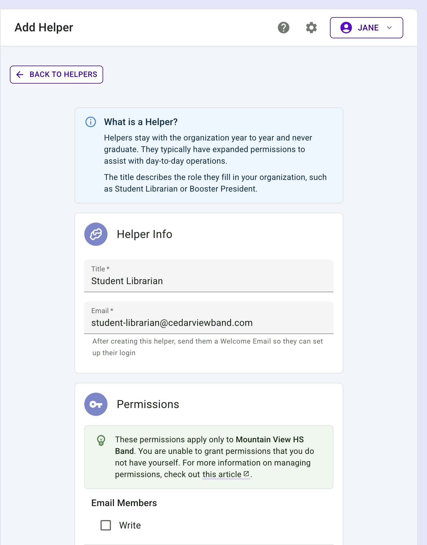 Helper form showing the title, email, and permissions fields.