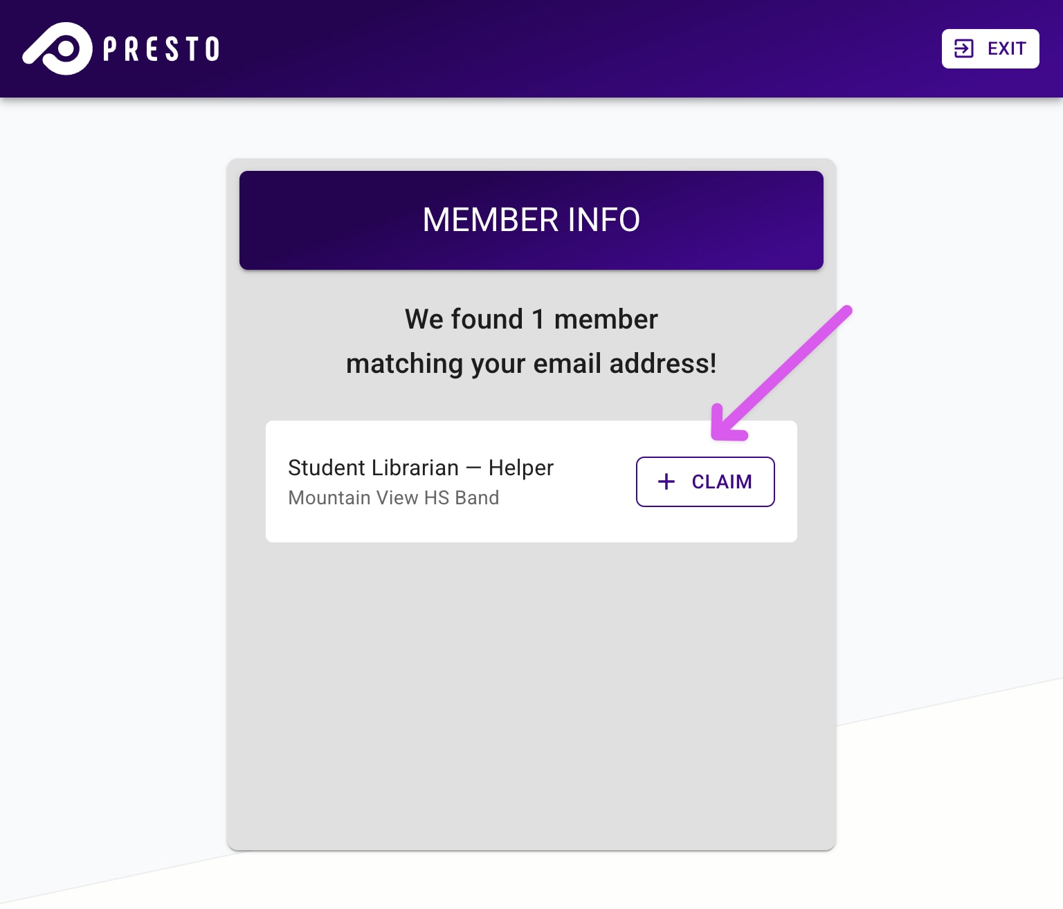 Member Info page highlighting the claim button.