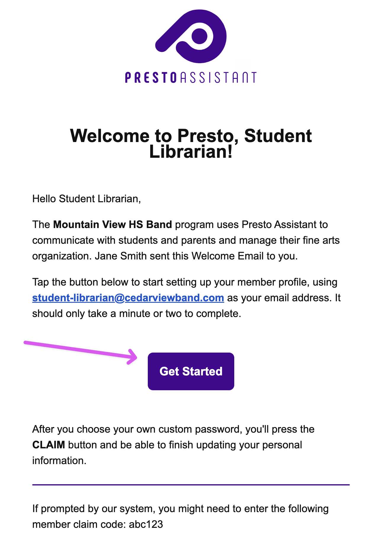 Welcome email highlighting the Get Started button.
