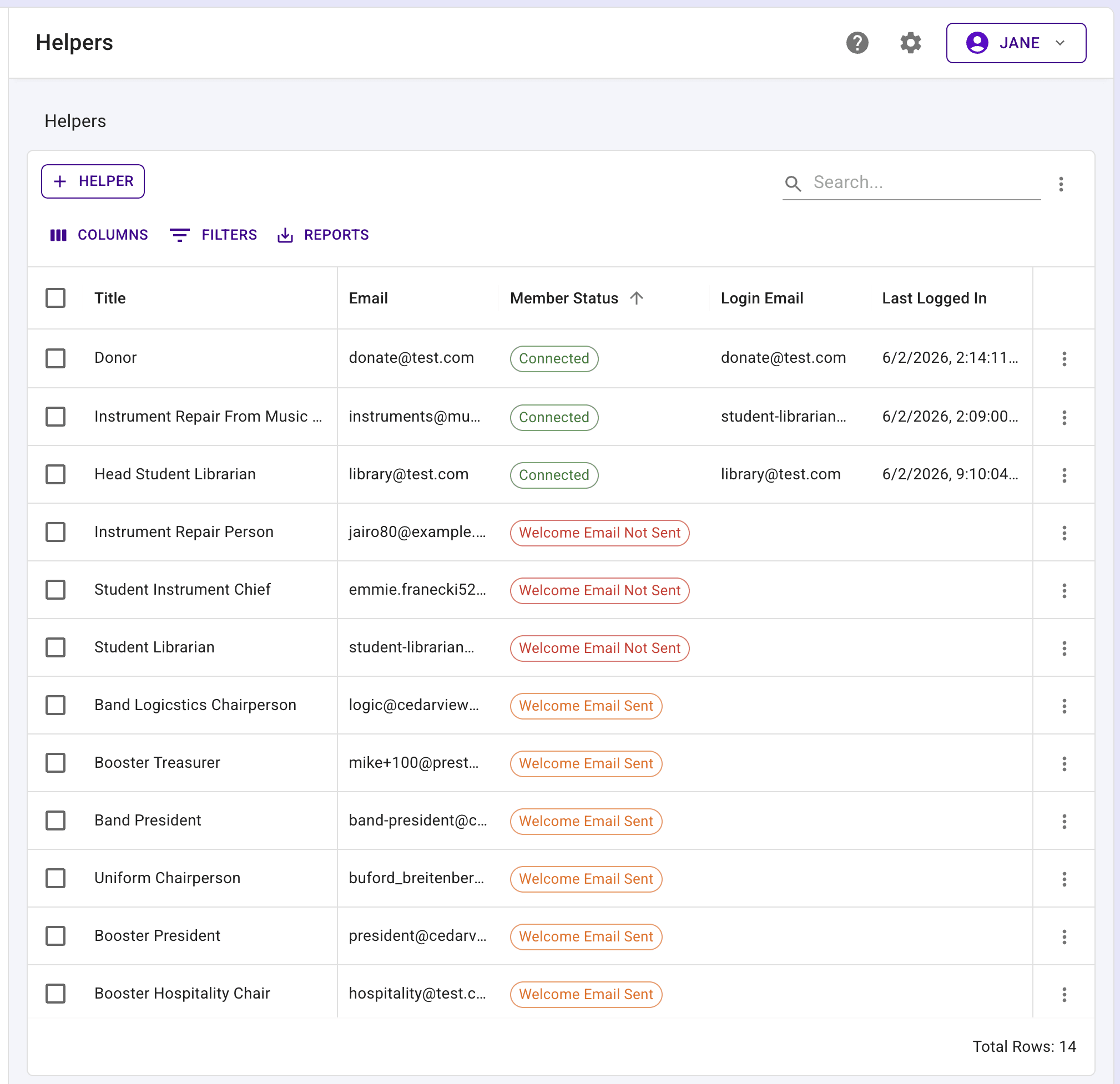 Helpers table showing helper title, email, member status, login email, and last login columns.
