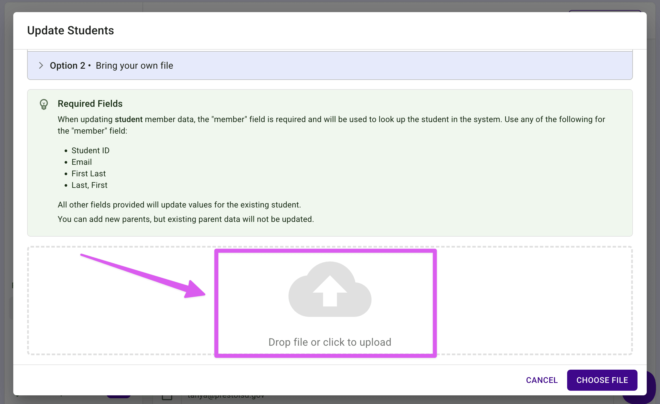 Update Students dialog highlighting the drop zone for uploading a file.