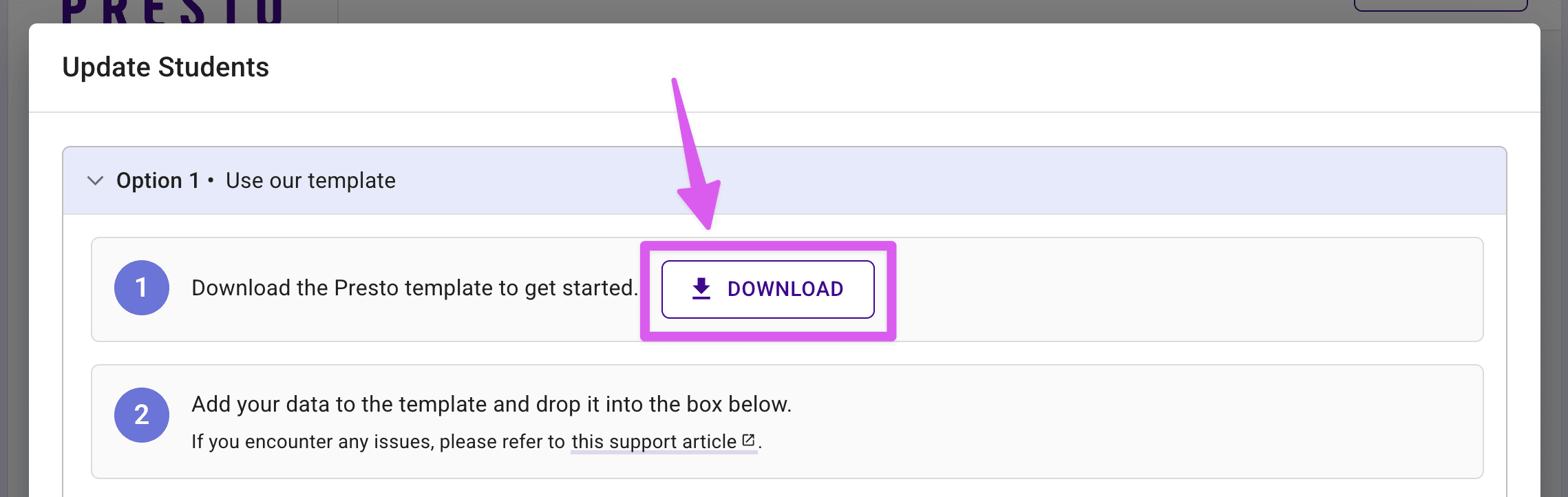 Update Students dialog highlighting the download template button.