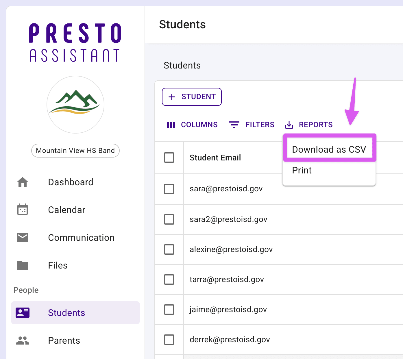 Students table with Columns set to Student Email and the Reports menu open showing Download as CSV and Print options.