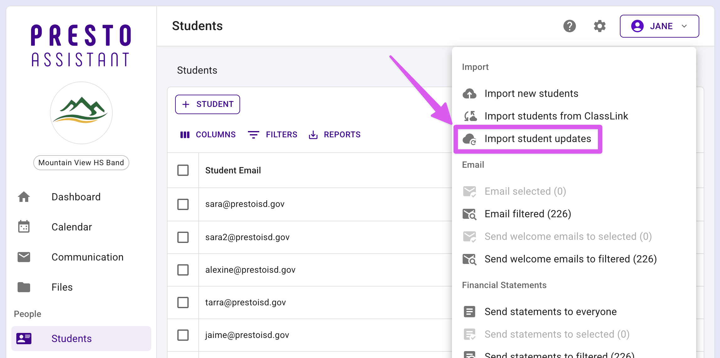 Students table highlighting the more actions icon button and menu.