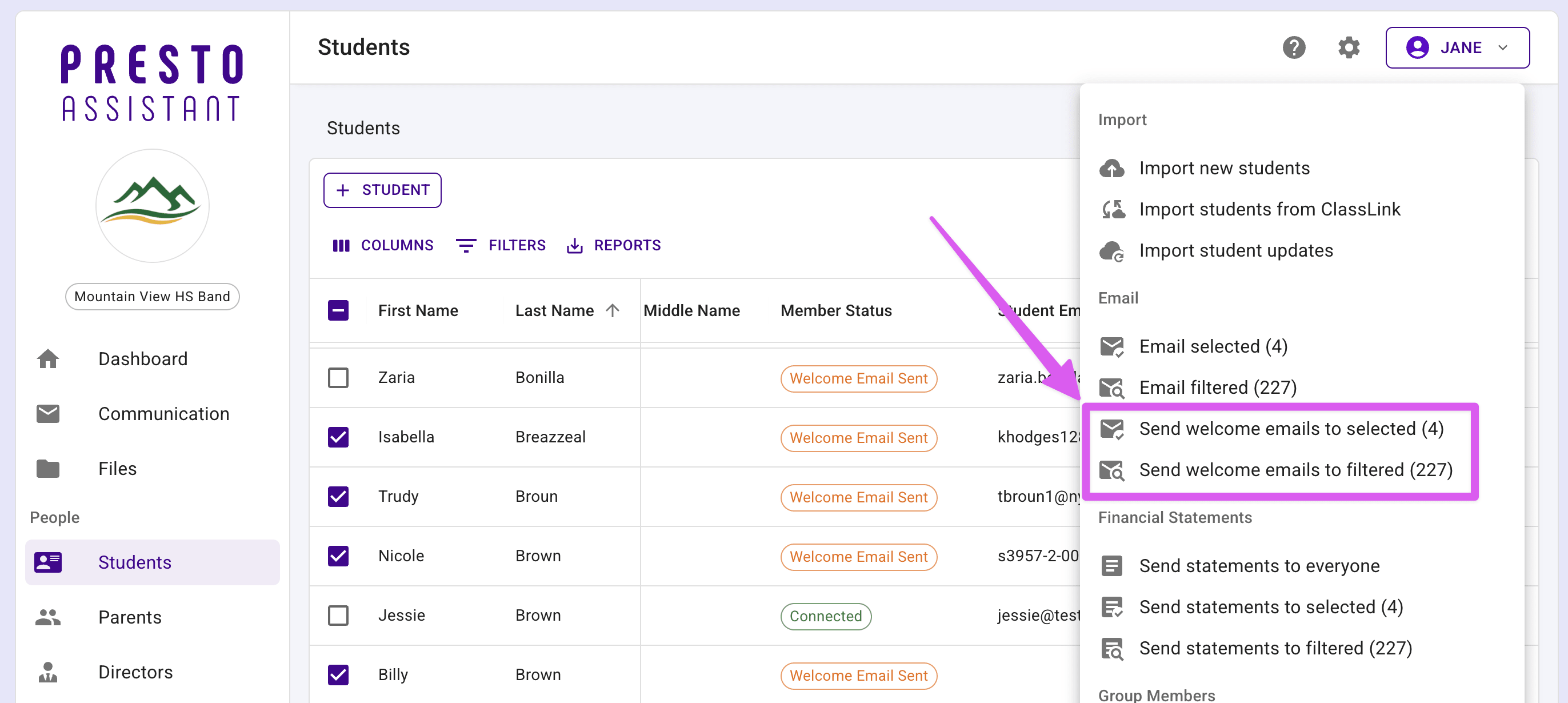 More Actions menu highlighting the send welcome email options.