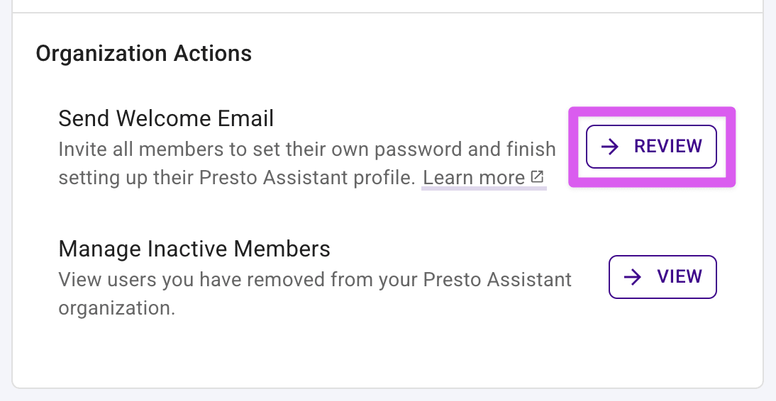 Review button highlighted in the Send Welcome Email section.