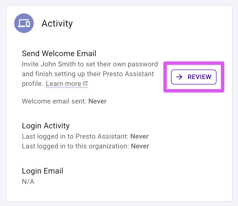 Send Welcome Email section highlighting the Review button.