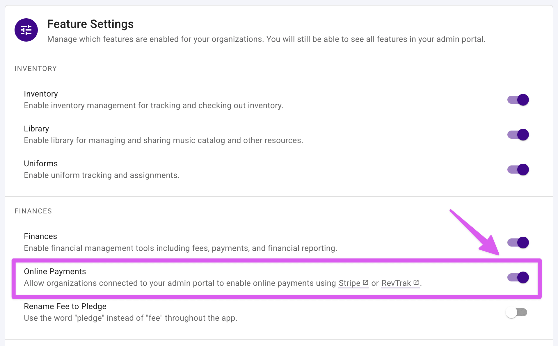 Admin Portal Feature Settings page highlighting the Online Payments toggle.