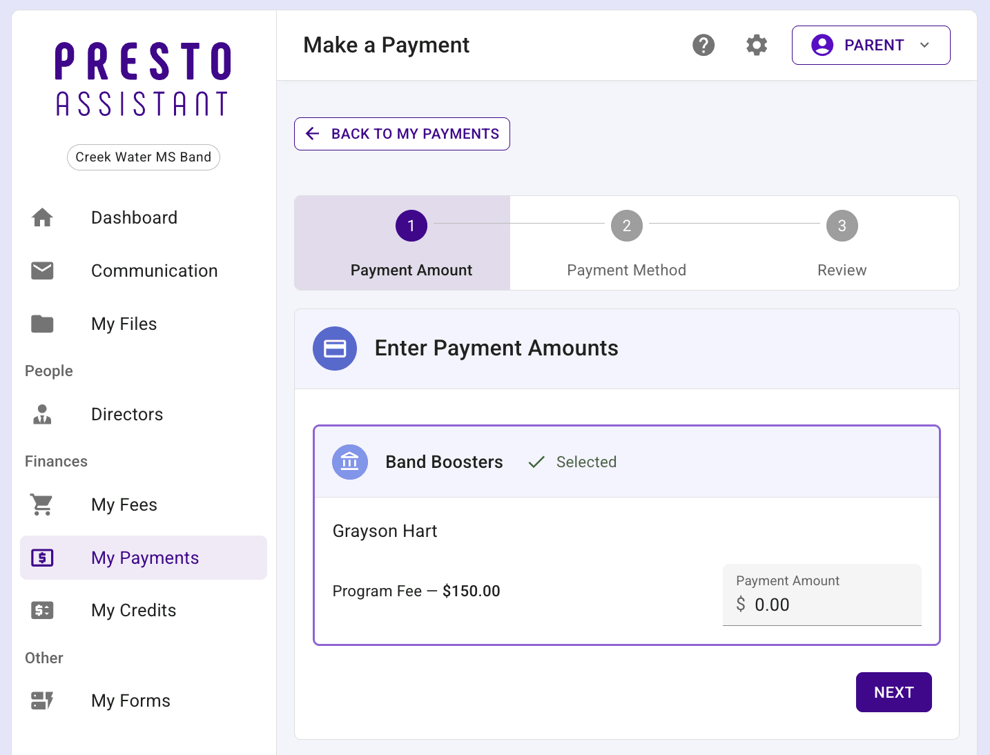 Parent view of the Payment Amount step of making an online payment.