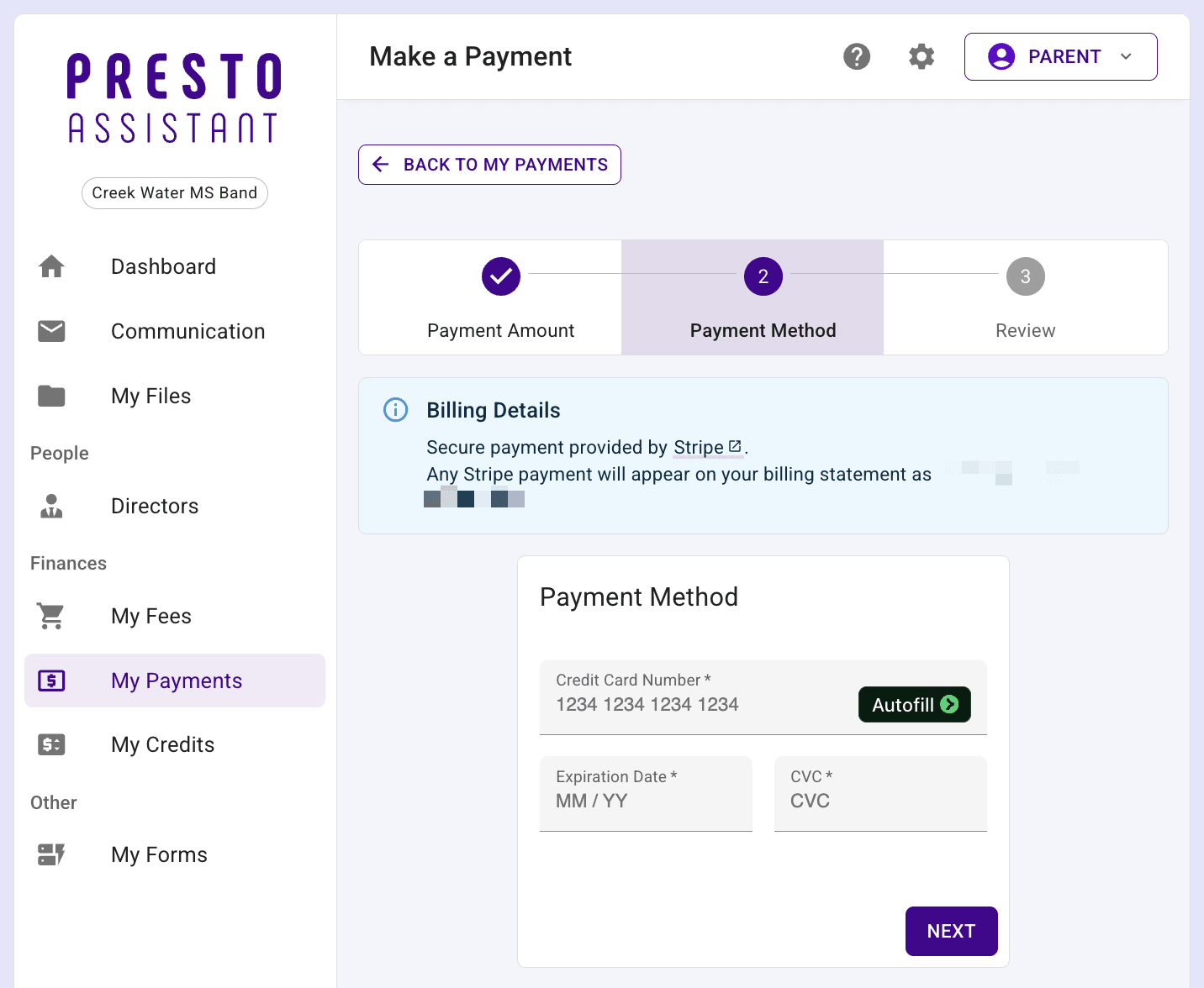 Parent view of the Payment Method step of making an online Stripe payment.