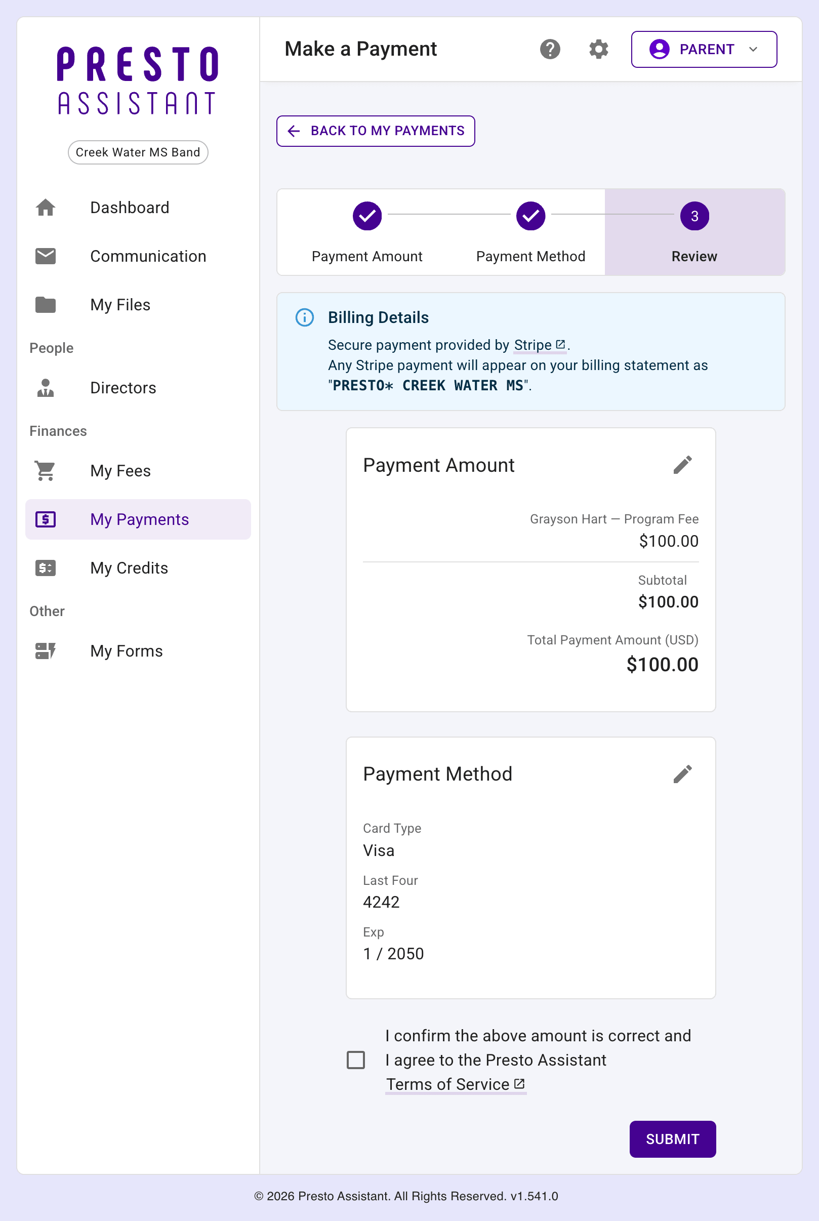 Parent view of the Review step of making an online payment.