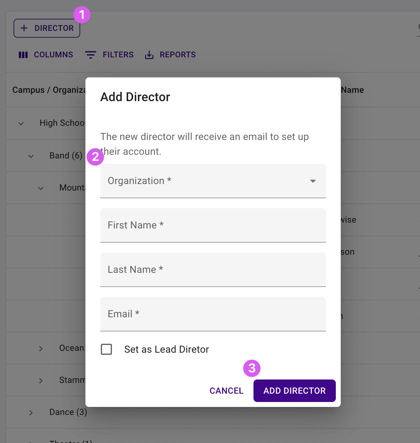 Add Director dialog with the Organization typeahead, name and email fields, and the Set as Lead Director checkbox.