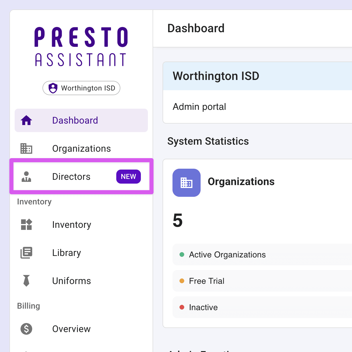 Admin Portal left navigation menu highlighting the Directors menu item below Organizations.
