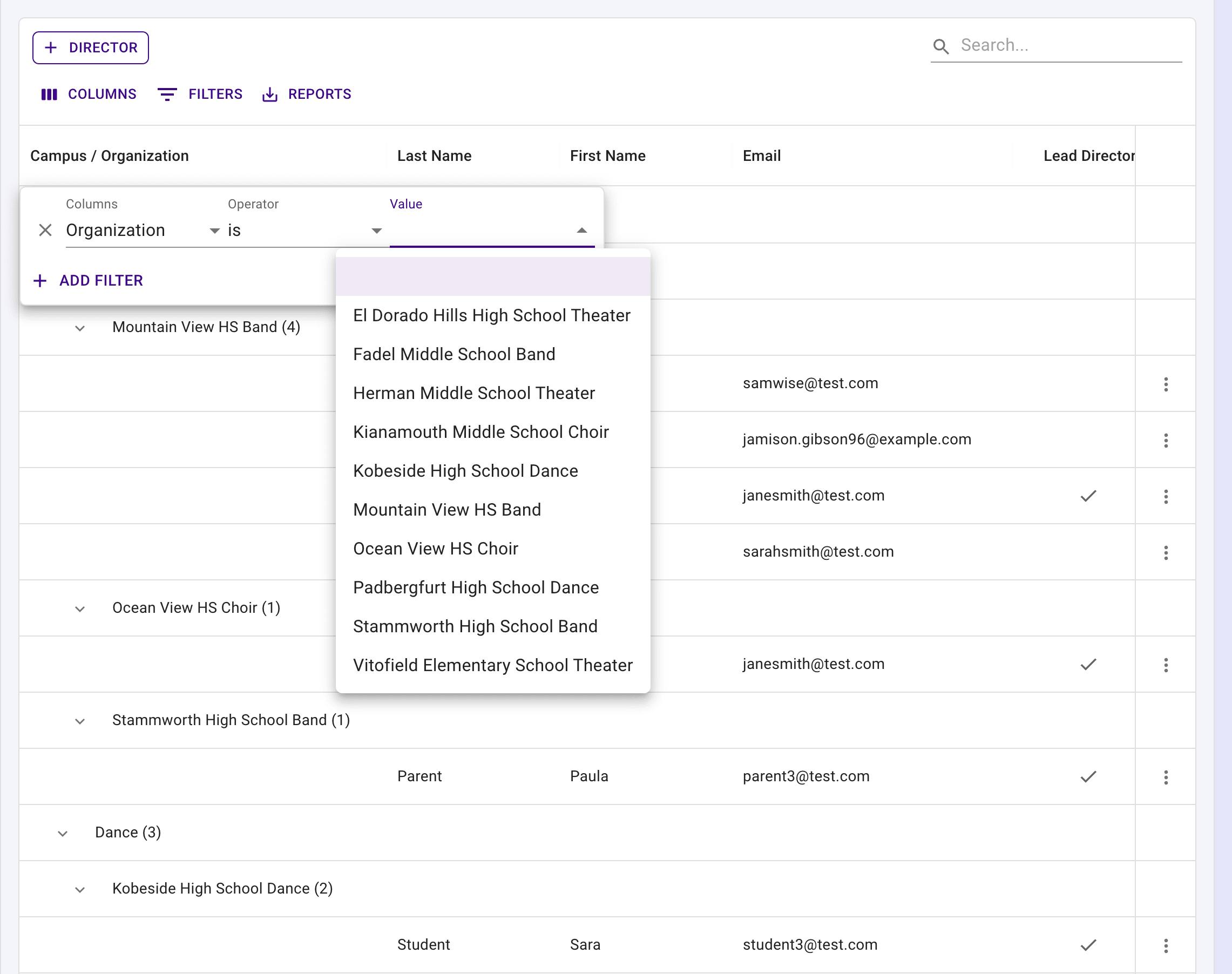 Filter panel showing the Campus Type, Organization Type, and Organization dropdown filters.