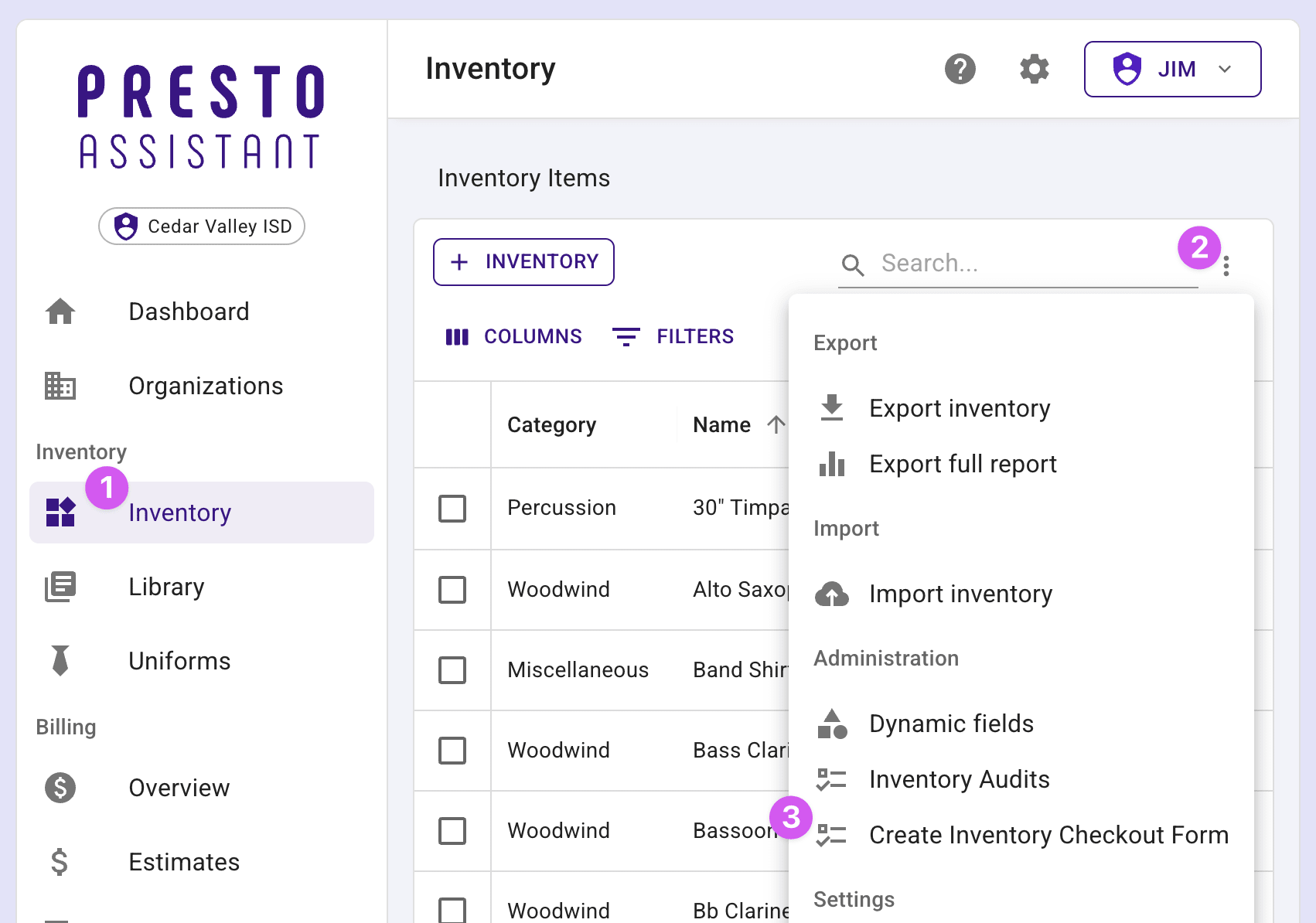 Inventory page with the More Actions menu open, highlighting the Create Inventory Checkout Form option.