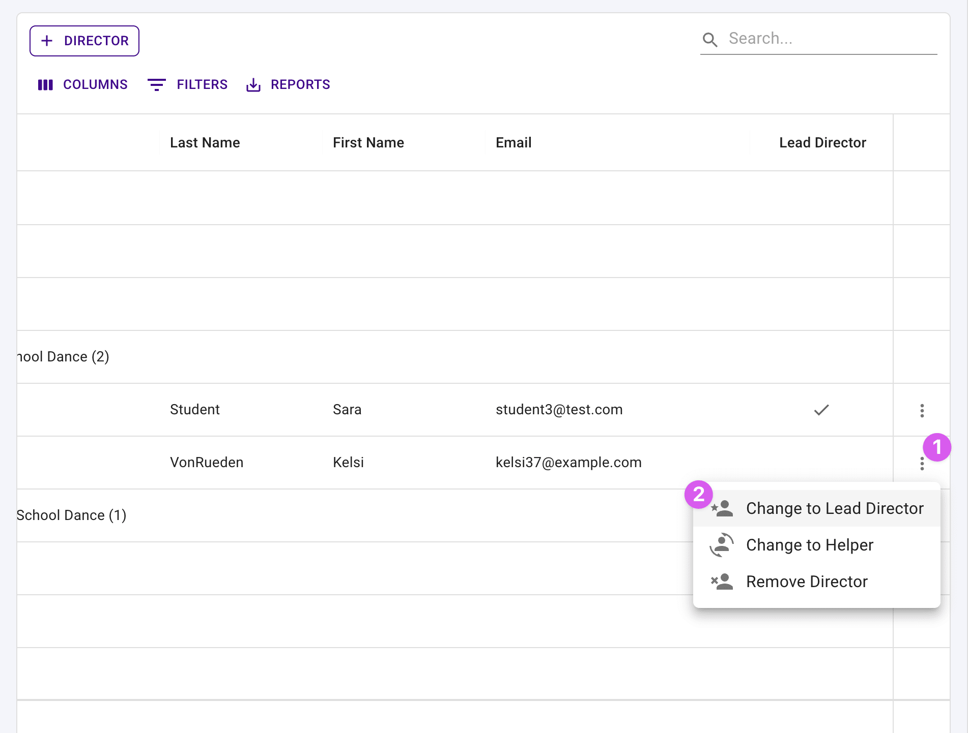 Directors table row actions menu showing Change to Lead Director, Change to Helper, and Remove Director.