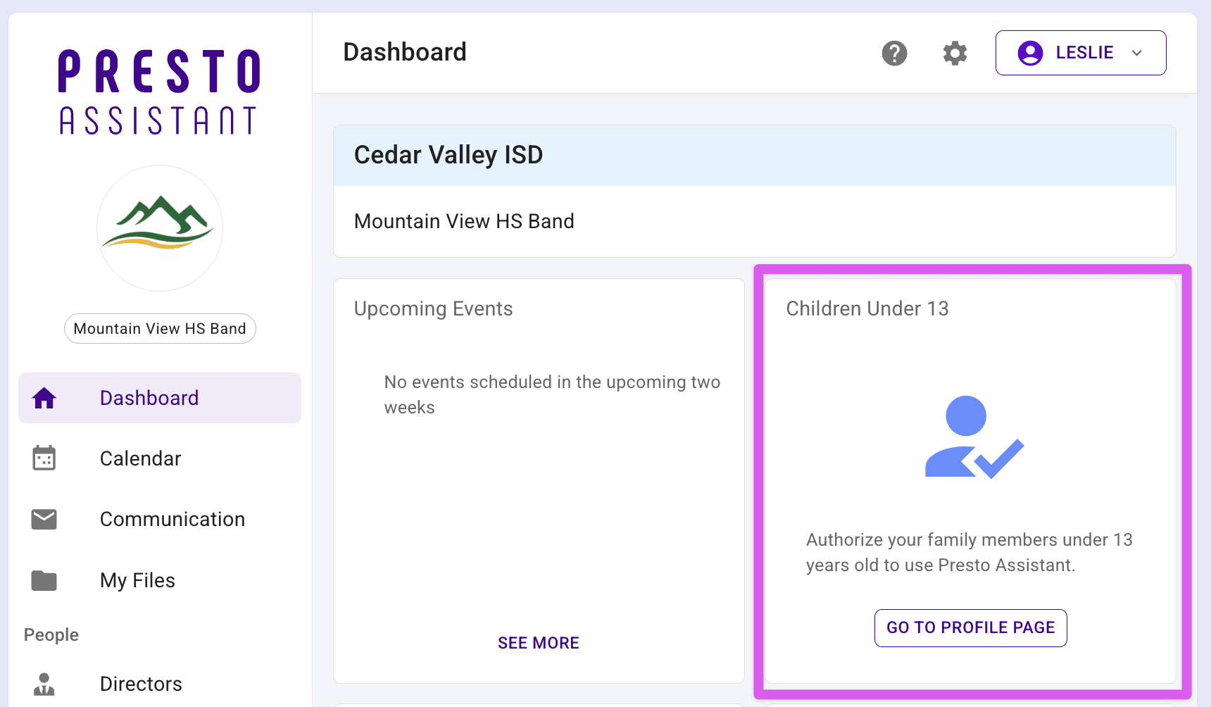 Parent Dashboard highlighting the Children Under 13 card and its Go to Profile Page button.
