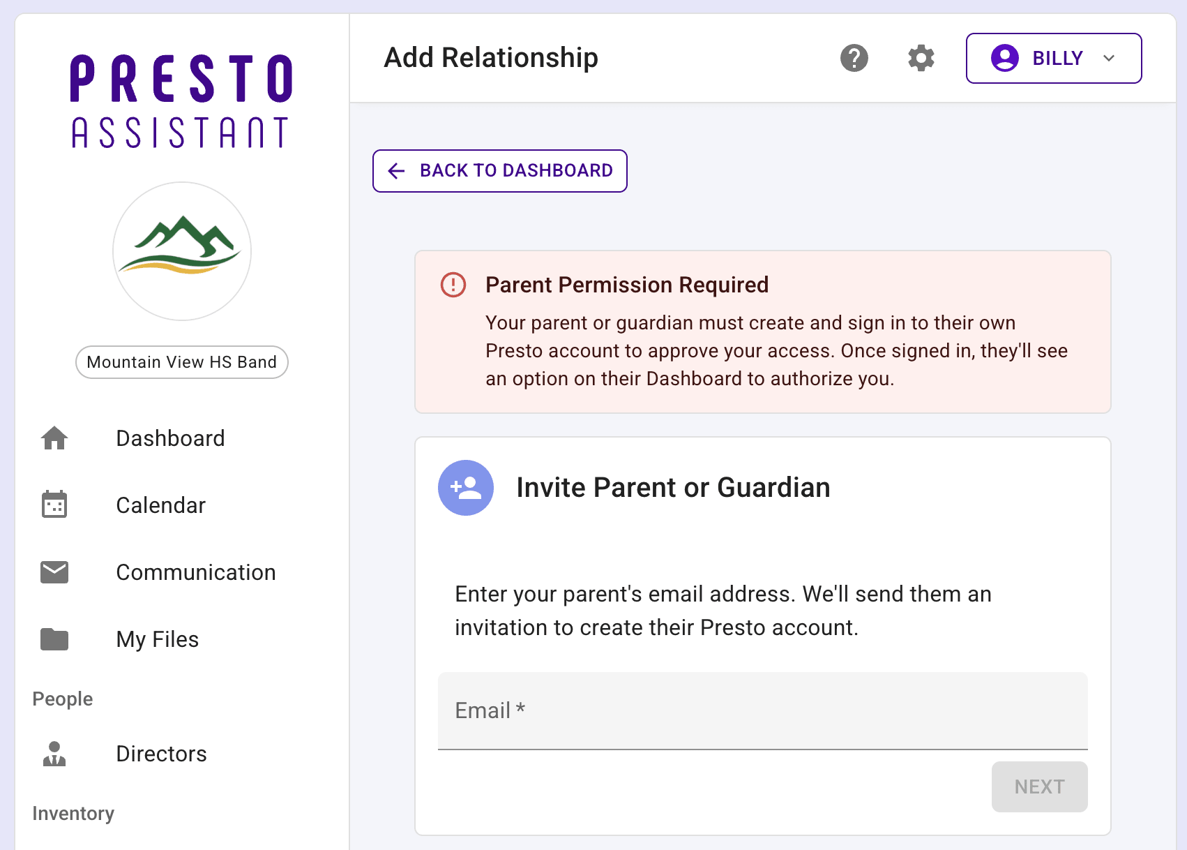 Add Relationship page showing the Parent Permission Required message and the Invite Parent or Guardian form.