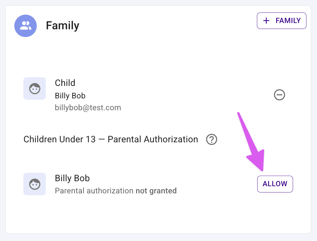 Profile page highlighting the Allow button next to a child's name.