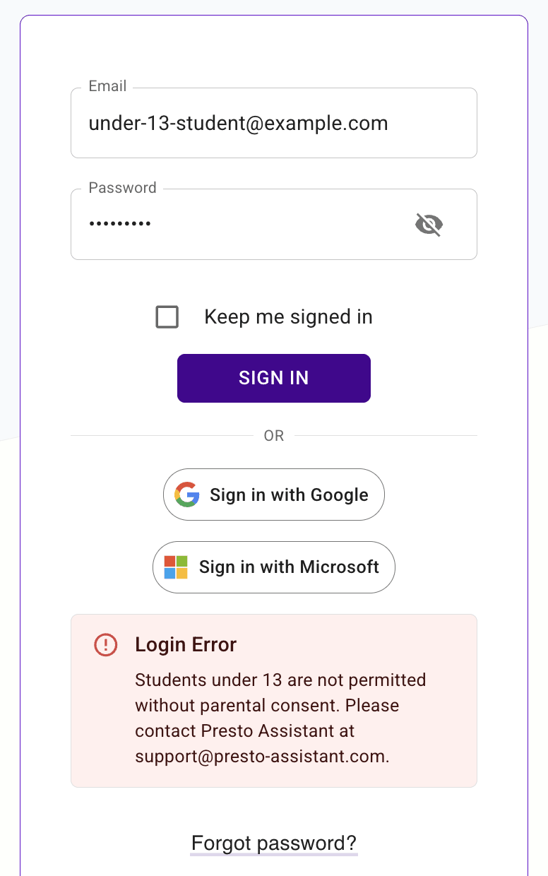 Sign-in page showing a Login Error explaining that students under 13 aren't permitted without parental consent.