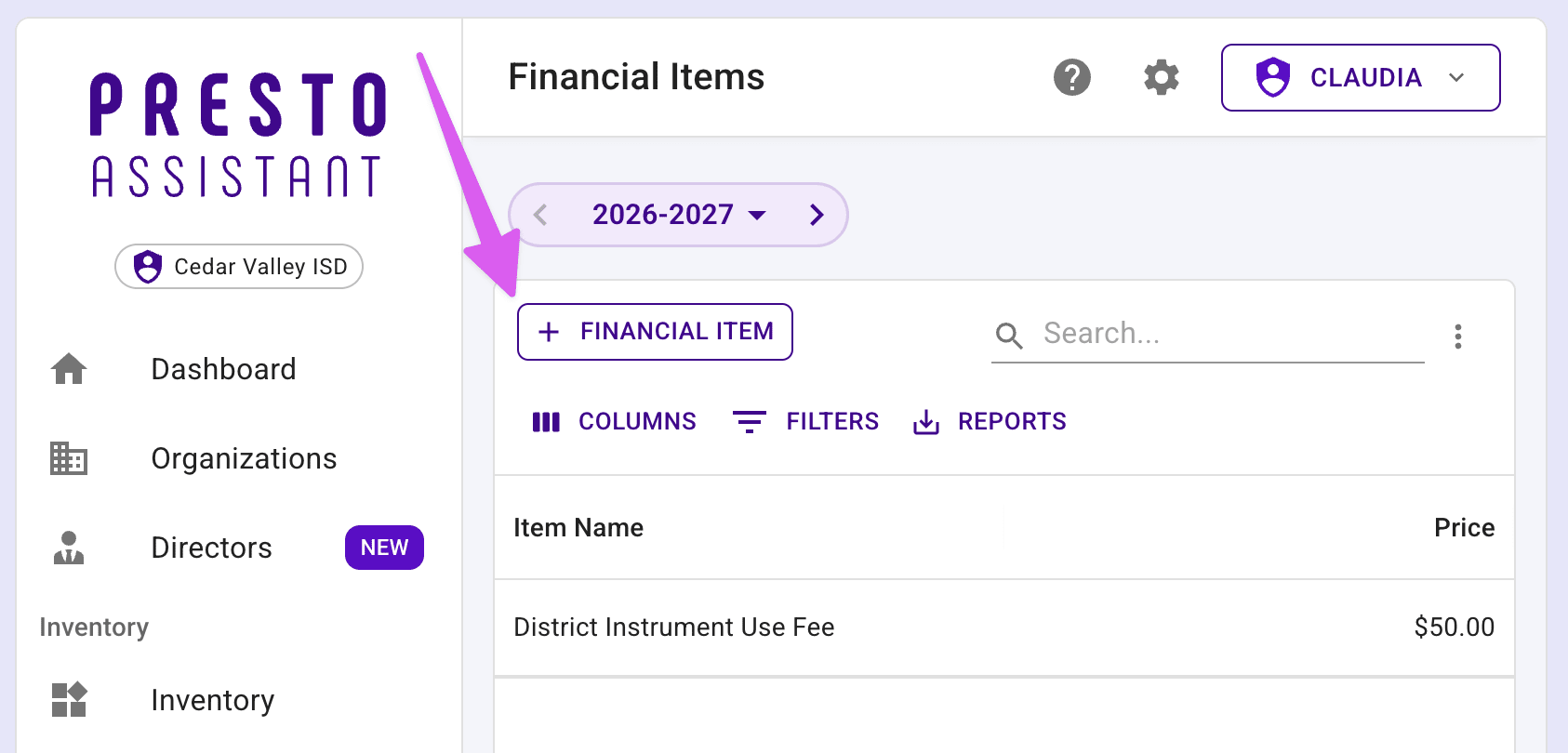 Financial Items table highlighting the add Financial Item button.