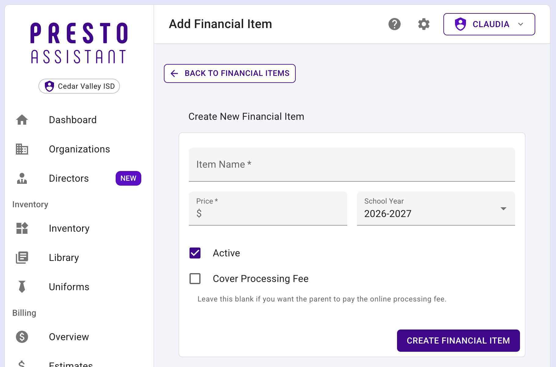 Add Financial Item form with the Item Name, Price, School Year, Active, and Cover Processing Fee fields.