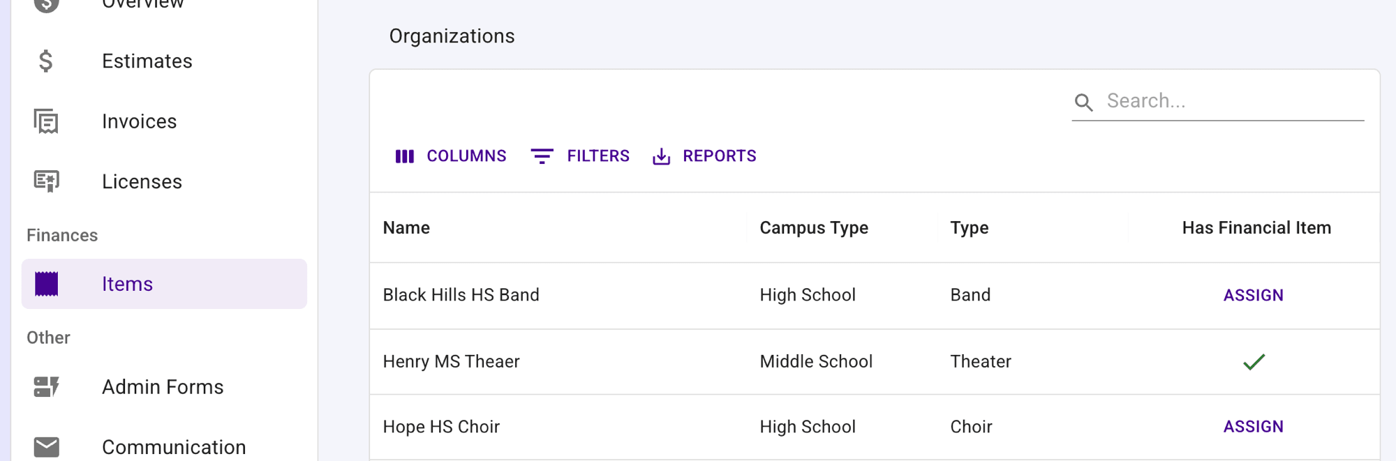 Organizations table showing Name, Campus Type, Type, and Has Financial Item columns — a green checkmark for an organization that already has the item, and an Assign button for organizations that don't.