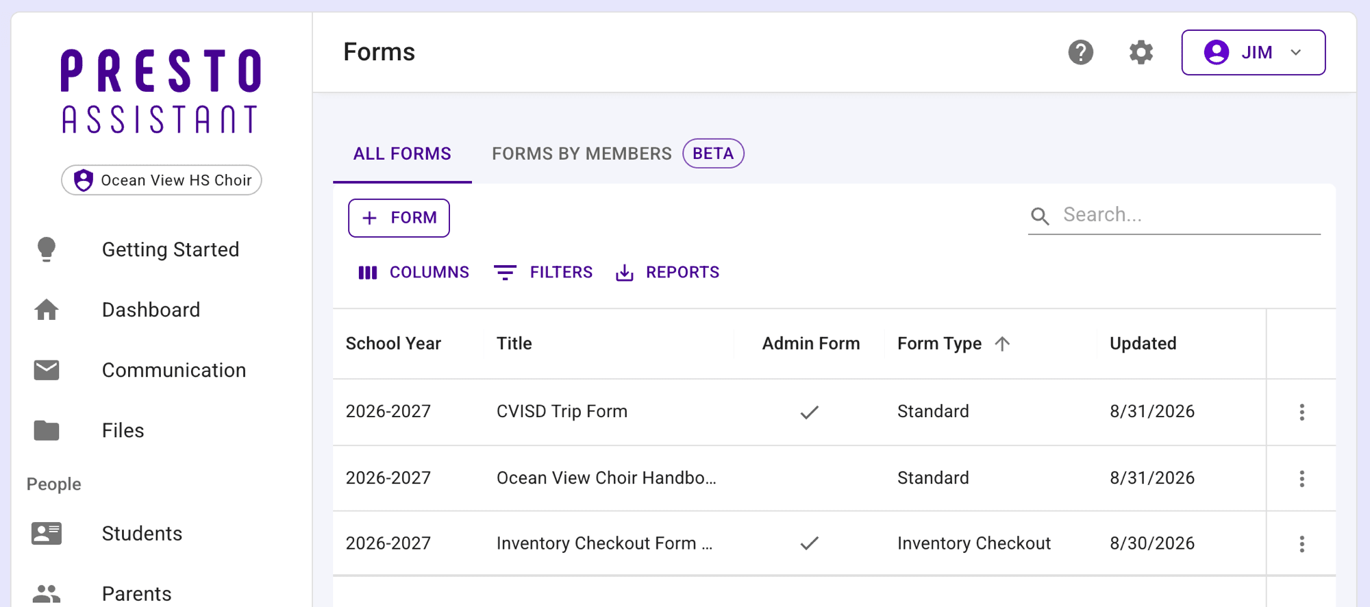 Director's Forms table with three rows: an org-created Standard form with no Admin Form checkmark, an Admin-published Standard form marked as an Admin Form, and an Admin-published Inventory Checkout form also marked as an Admin Form.