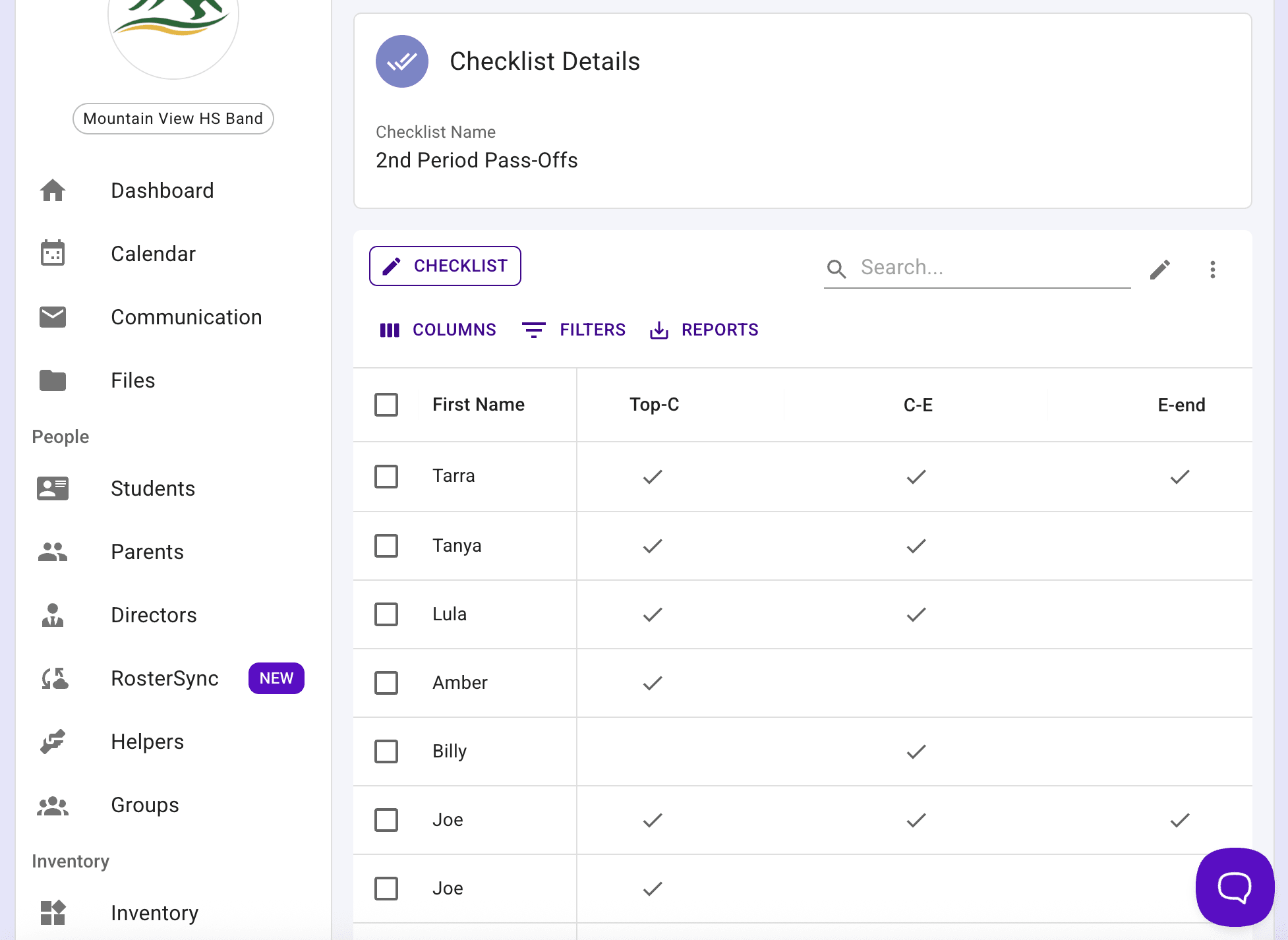A checklist page with one row per member and one column per checklist item, with a check mark in each cell a member has completed.