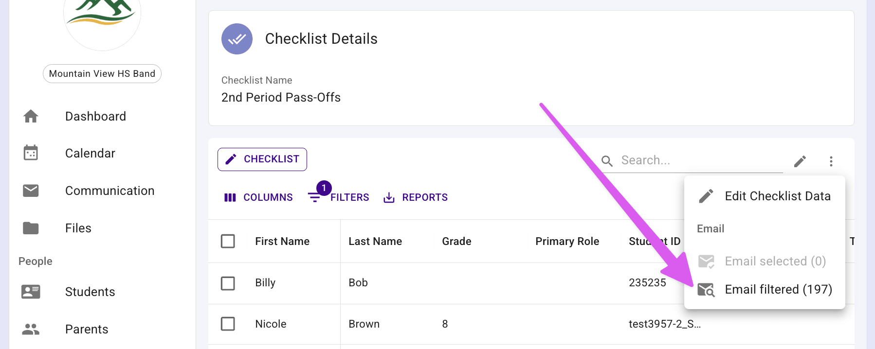 The three dots menu open above the table, listing Edit Checklist Data, a greyed-out Email selected with a count of 0, and Email filtered with a count of 197.