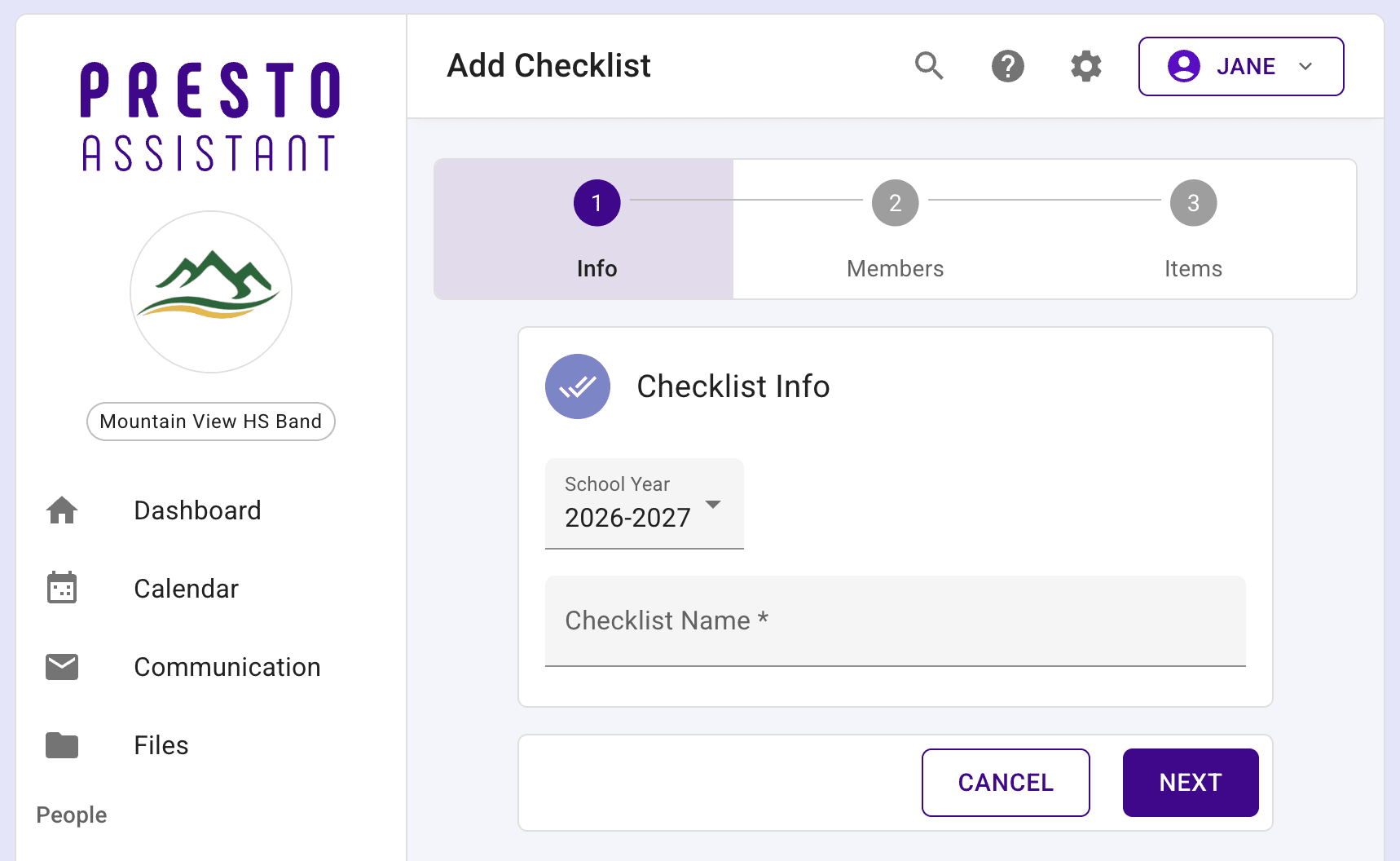 The Add Checklist page on step 1 of 3, Info, showing the School Year dropdown set to 2026-2027 and an empty Checklist Name field.