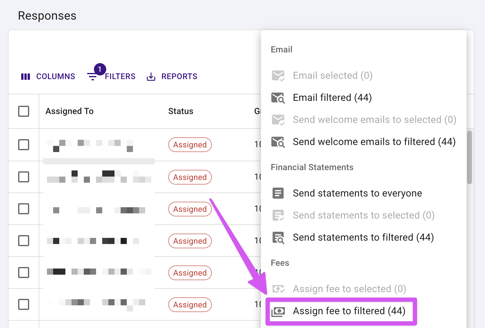 The three dots menu open beside the responses table, with Assign fee to filtered highlighted under the Fees heading and a count of 44, above a greyed-out Assign fee to selected with a count of 0.