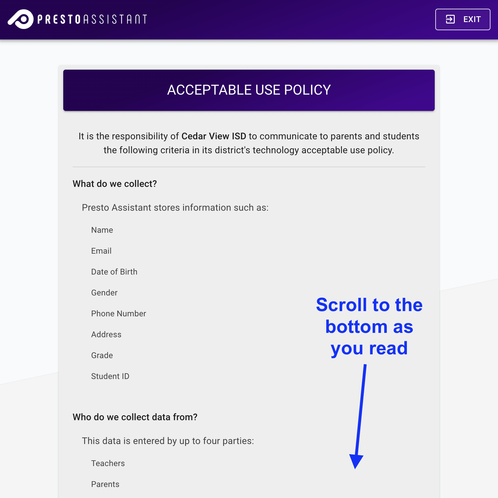 Acceptable Use Policy page with text instructions to continue scrolling to the bottom of the page.