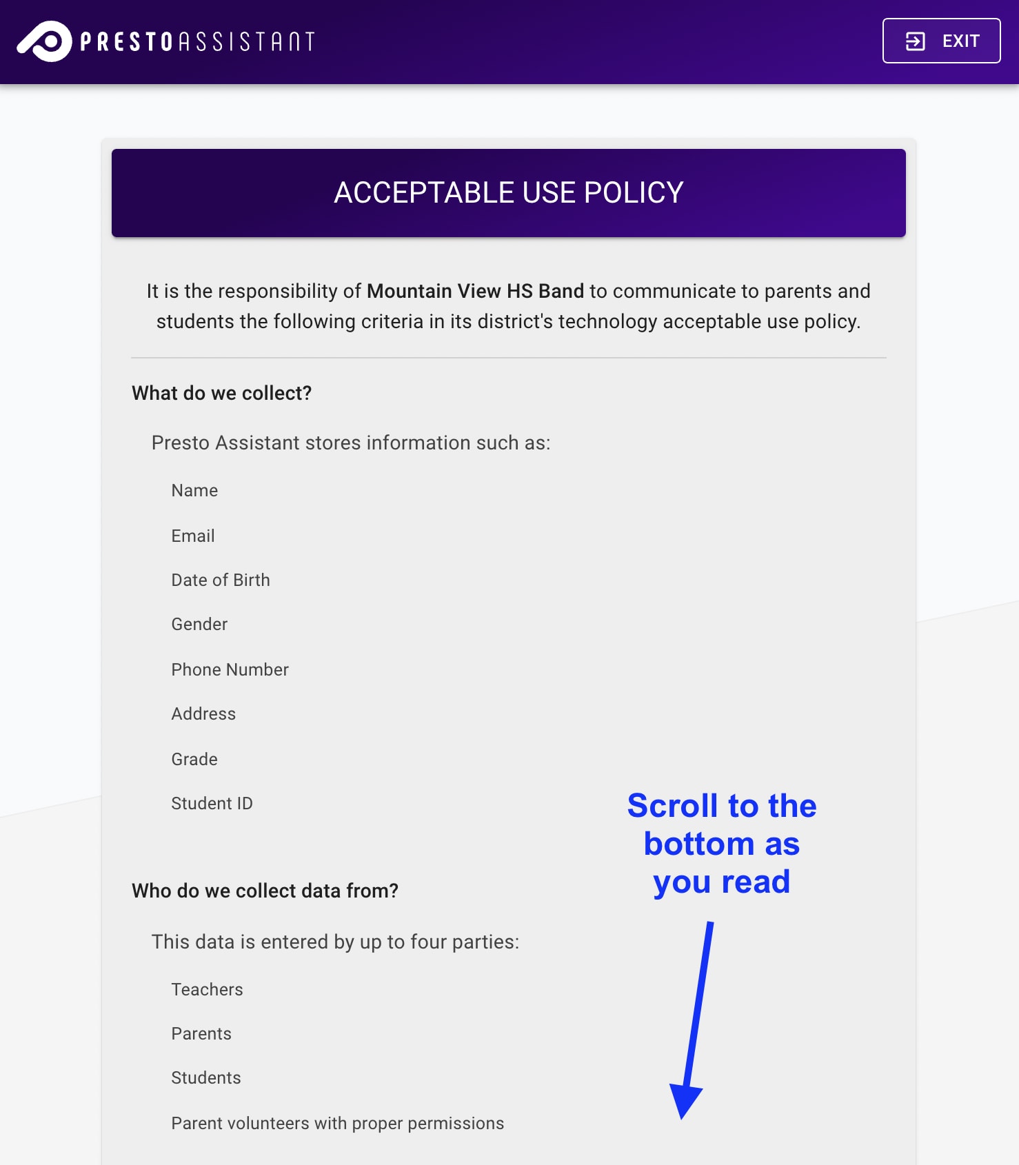 Acceptable Use Policy page with text instructions to continue scrolling to the bottom of the page.