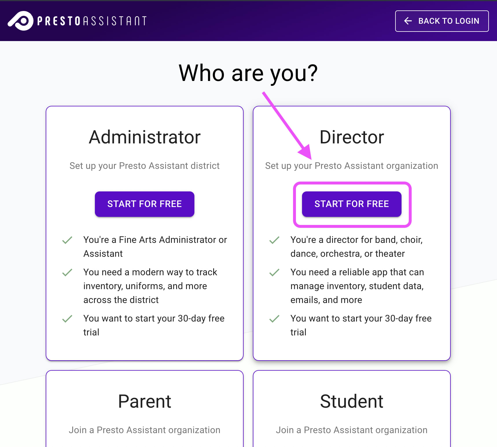 Sign up page highlighting the Director option.