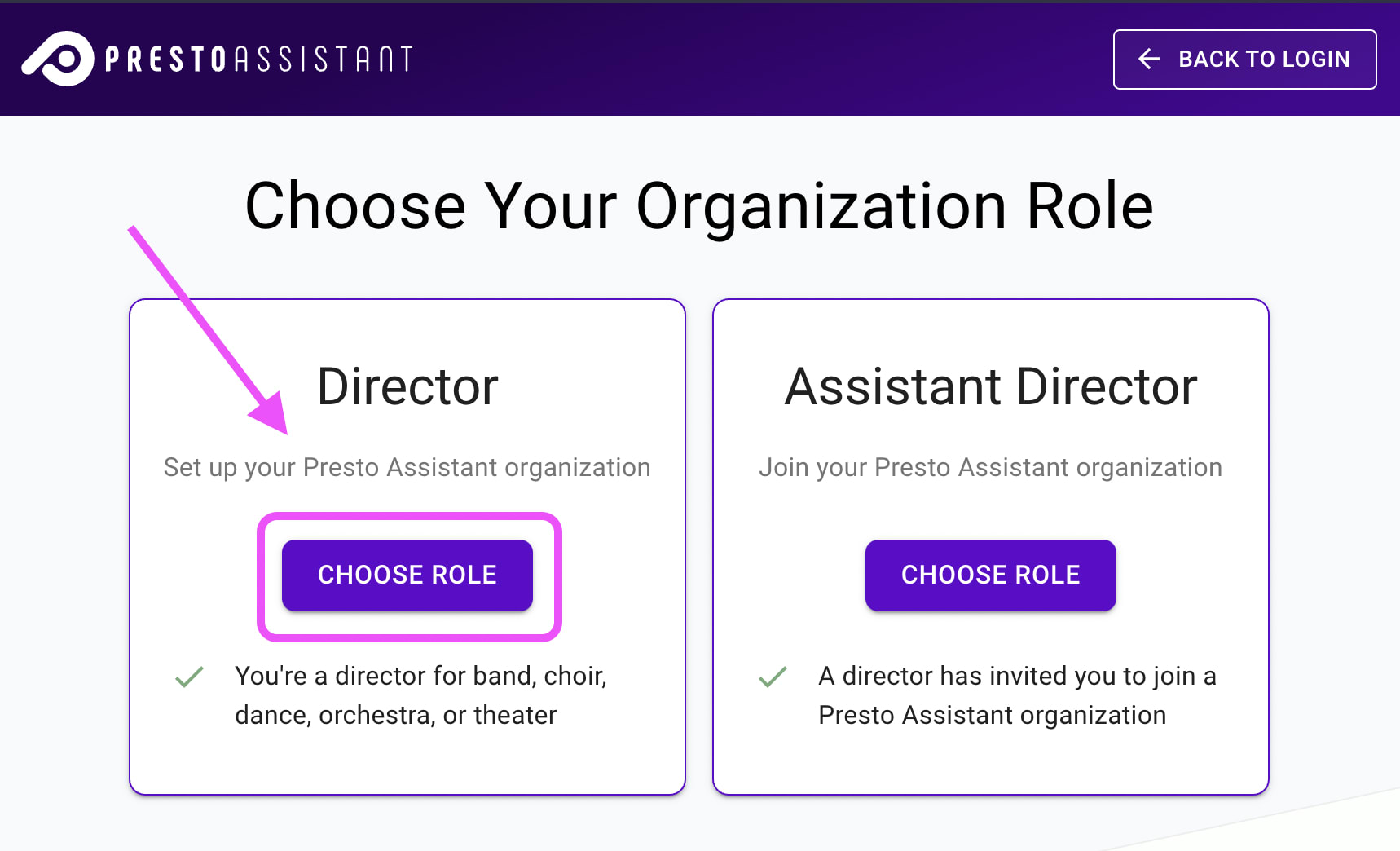 Sign up page highlighting the Director role.