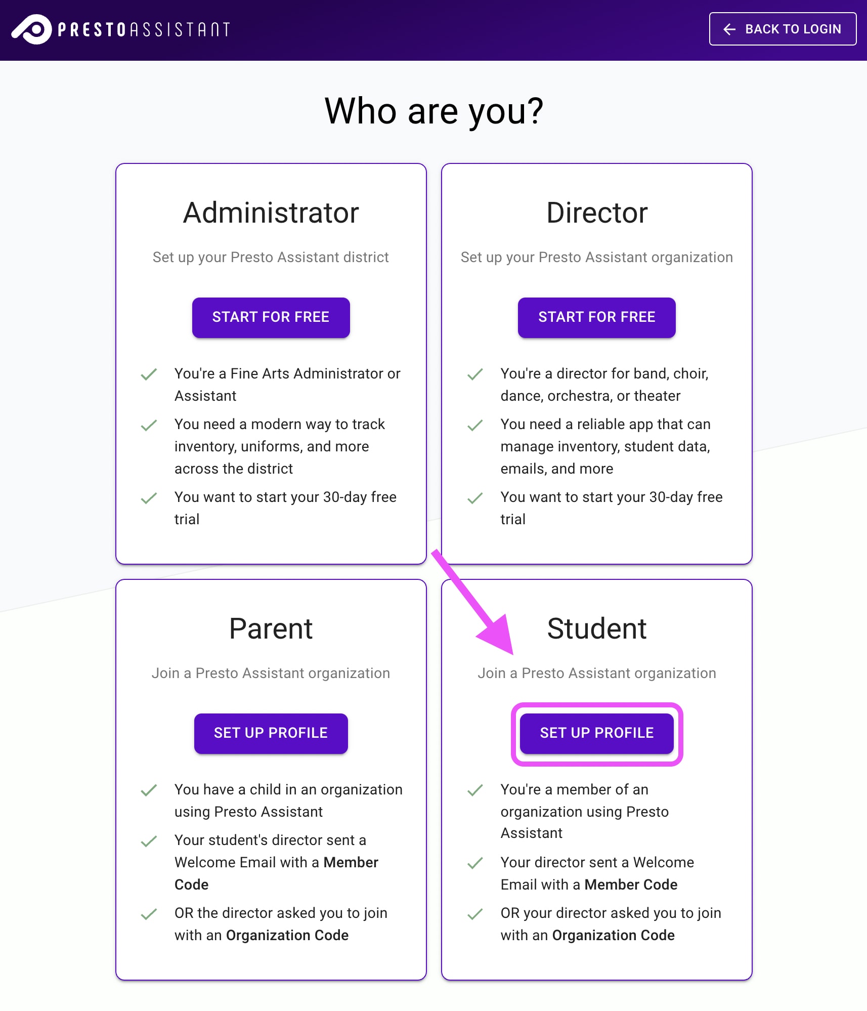 Sign up page highlighting Student option.