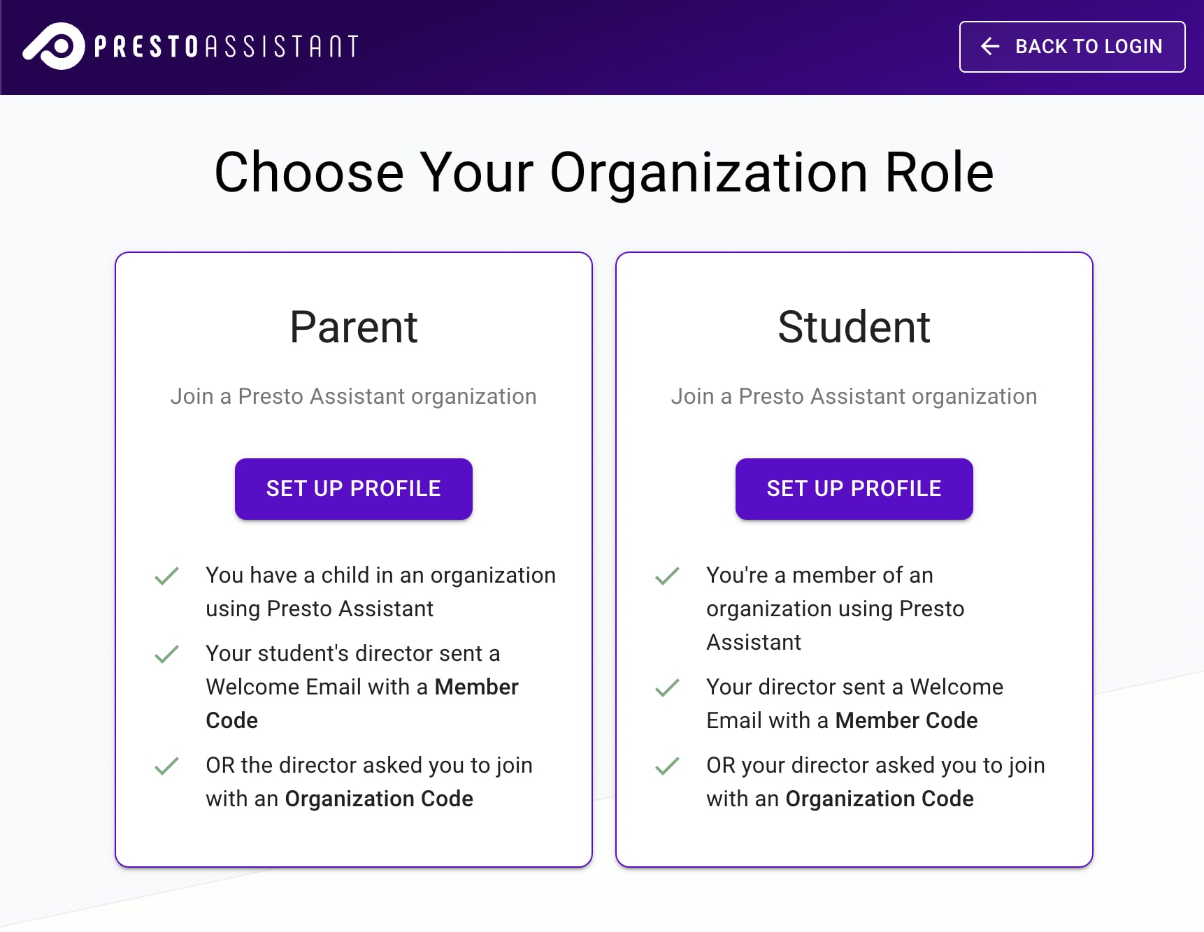 Sign up page with Parent and Student options.