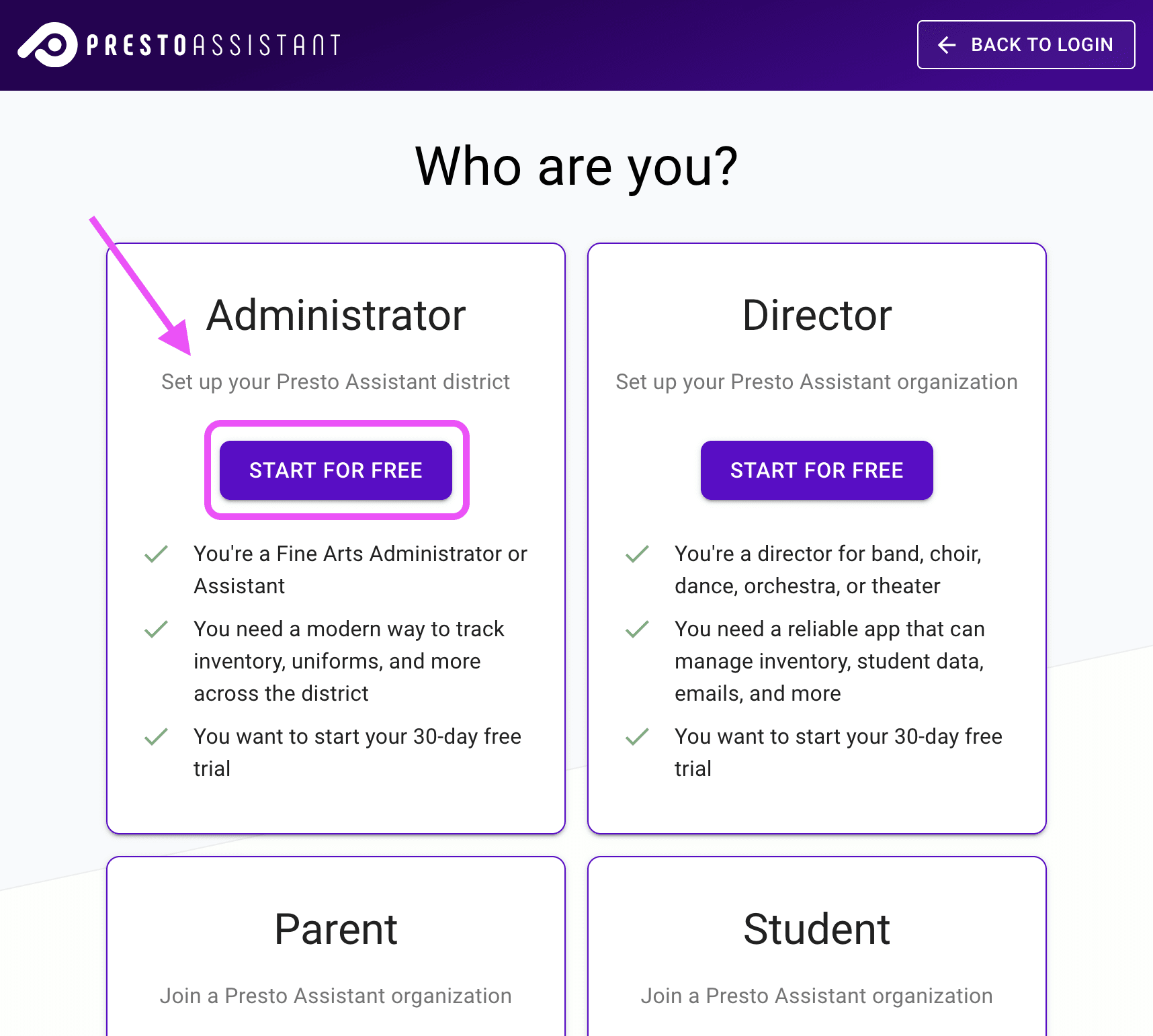 Sign up page highlighting the Administrator option.