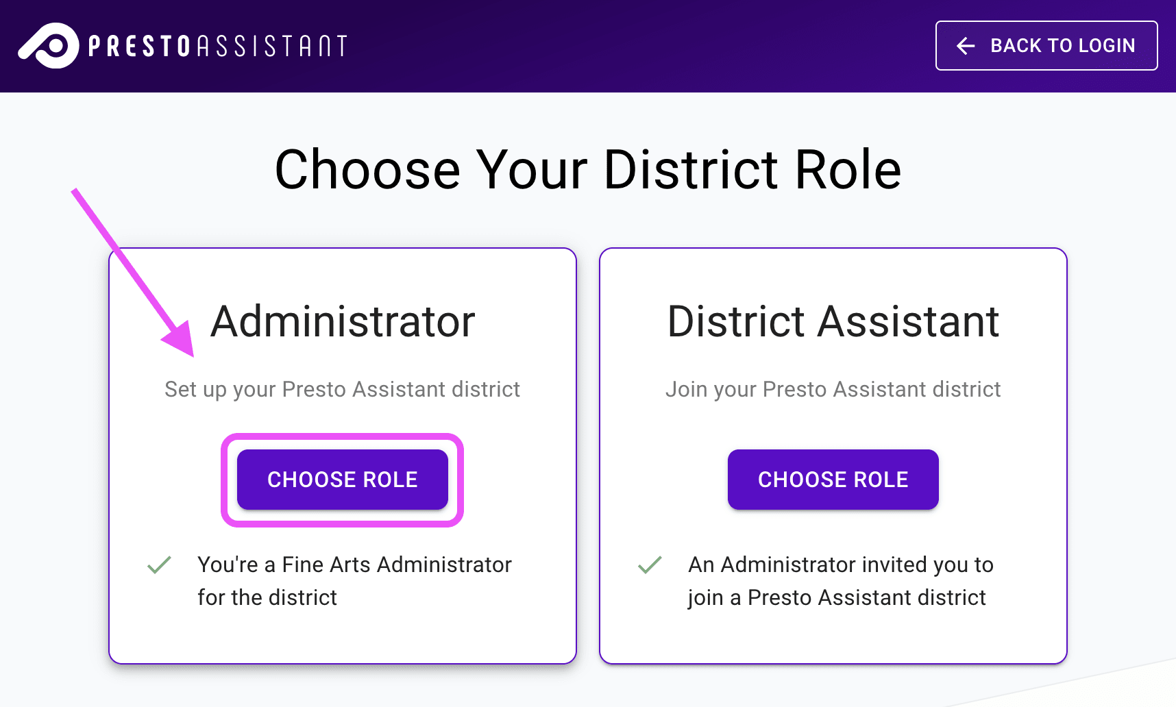 Sign up page highlighting the Administrator role.