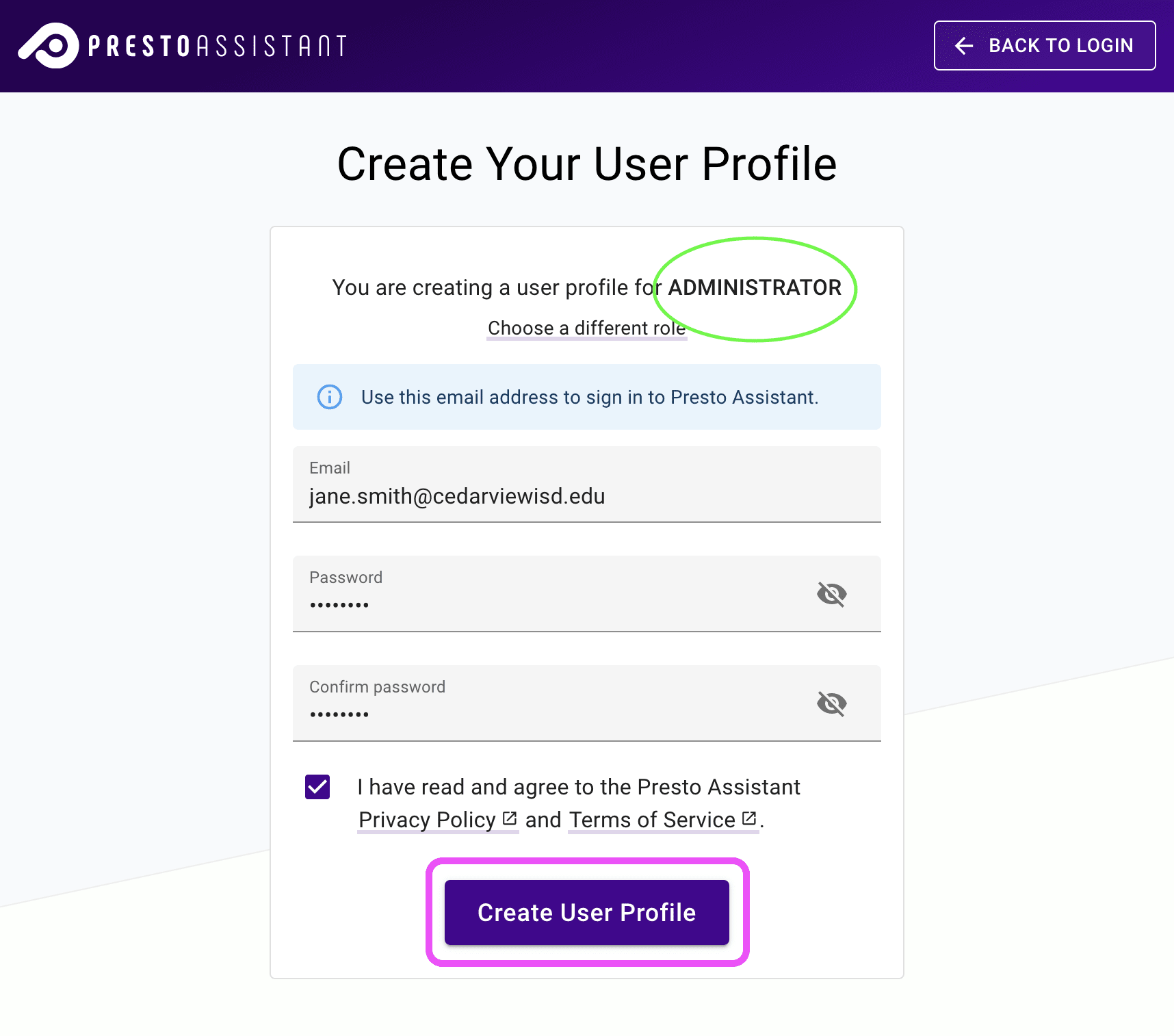 Sign up form highlighting the Administrator role at the top and the submit button at the bottom.