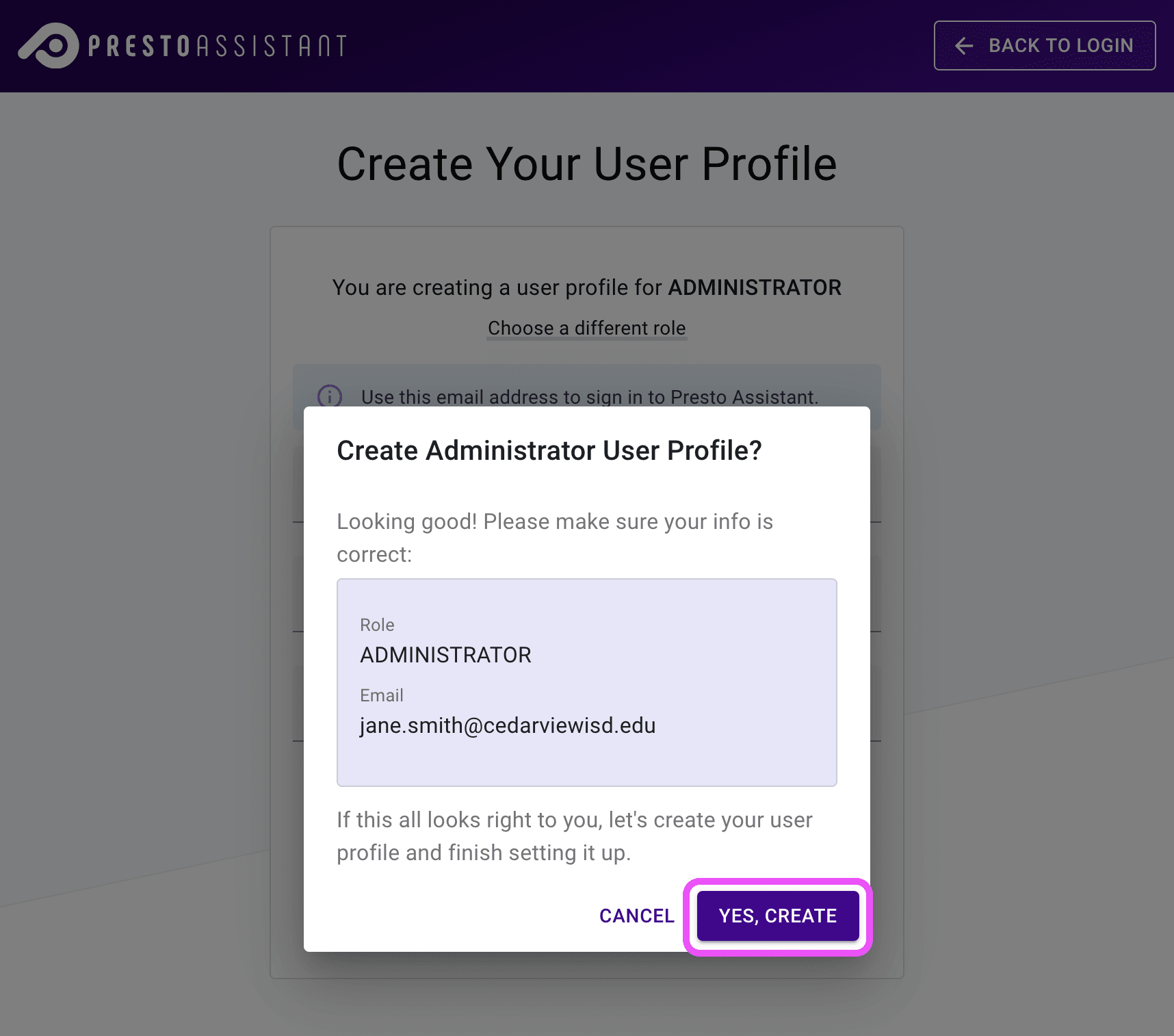 Confirmation dialog highlighting the submit button.