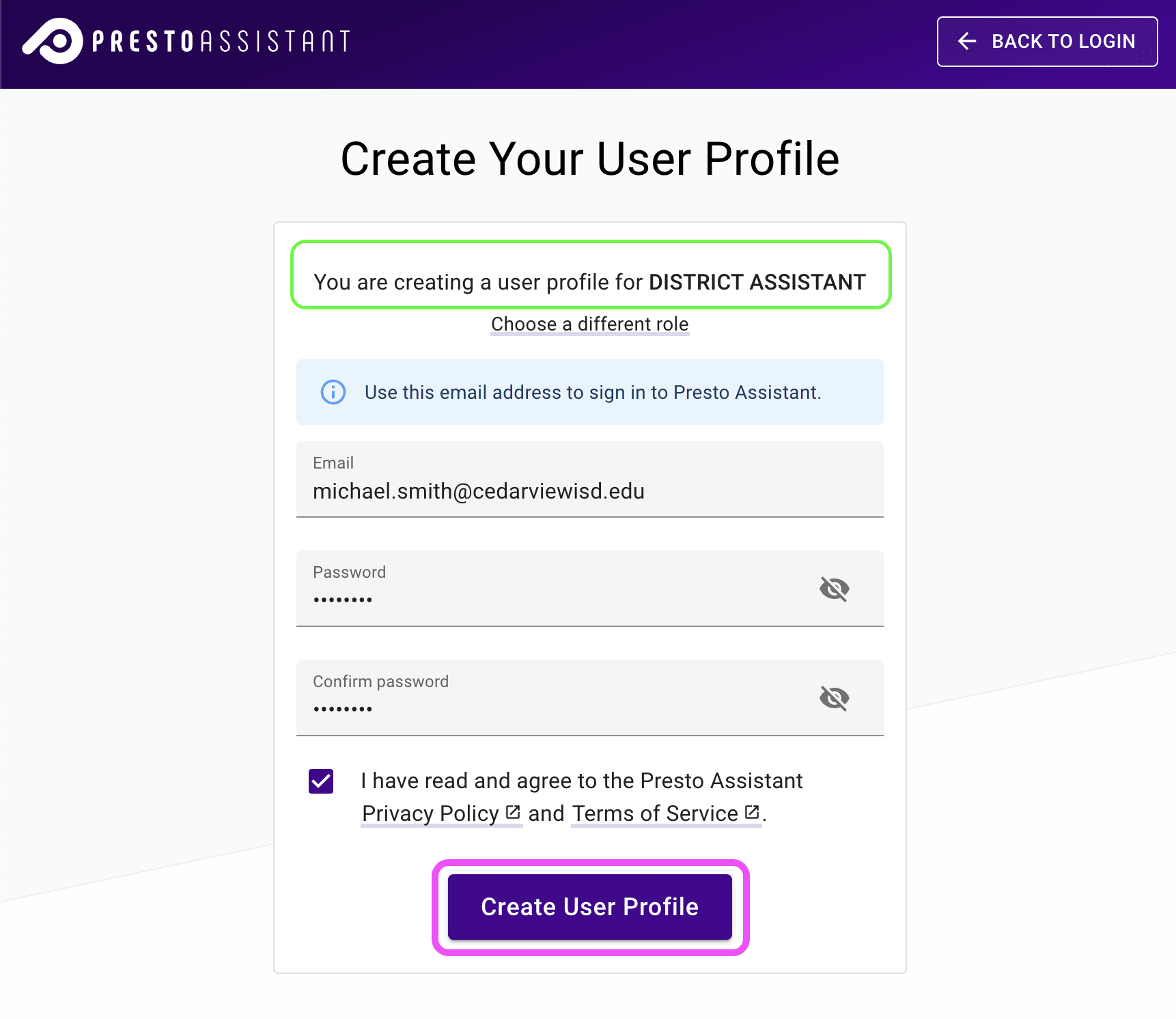 User profile form highlighting the District Assistant role at the top and the submit button at the bottom.