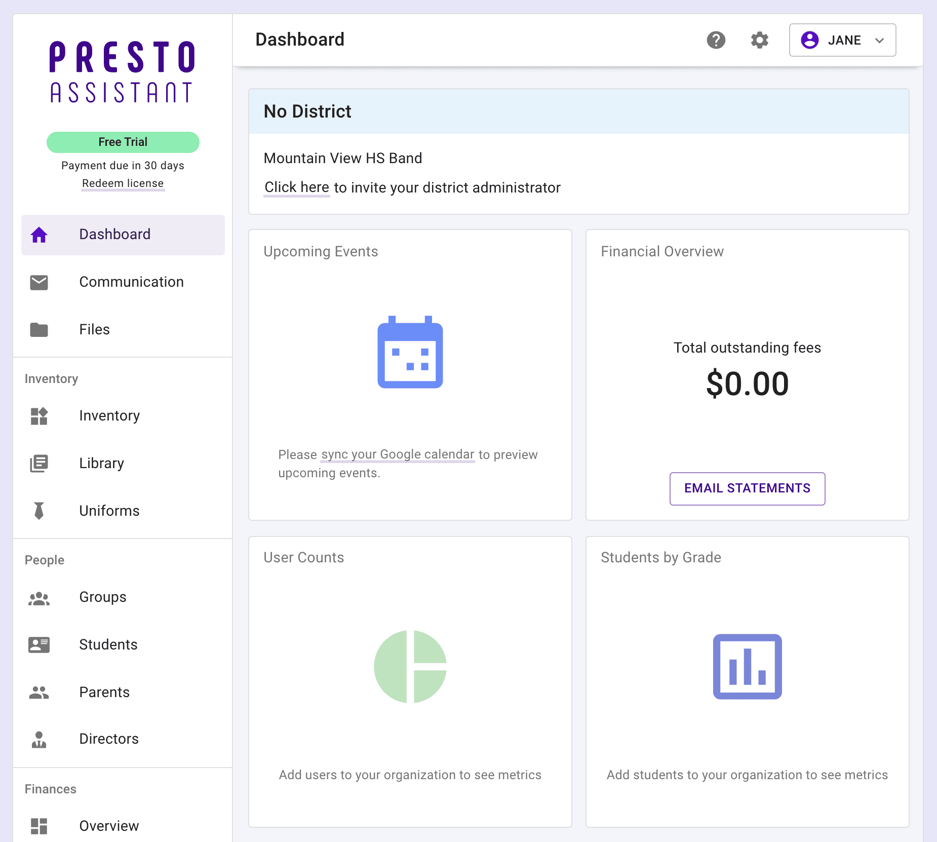 District Admin view of the Presto Assistant dashboard.